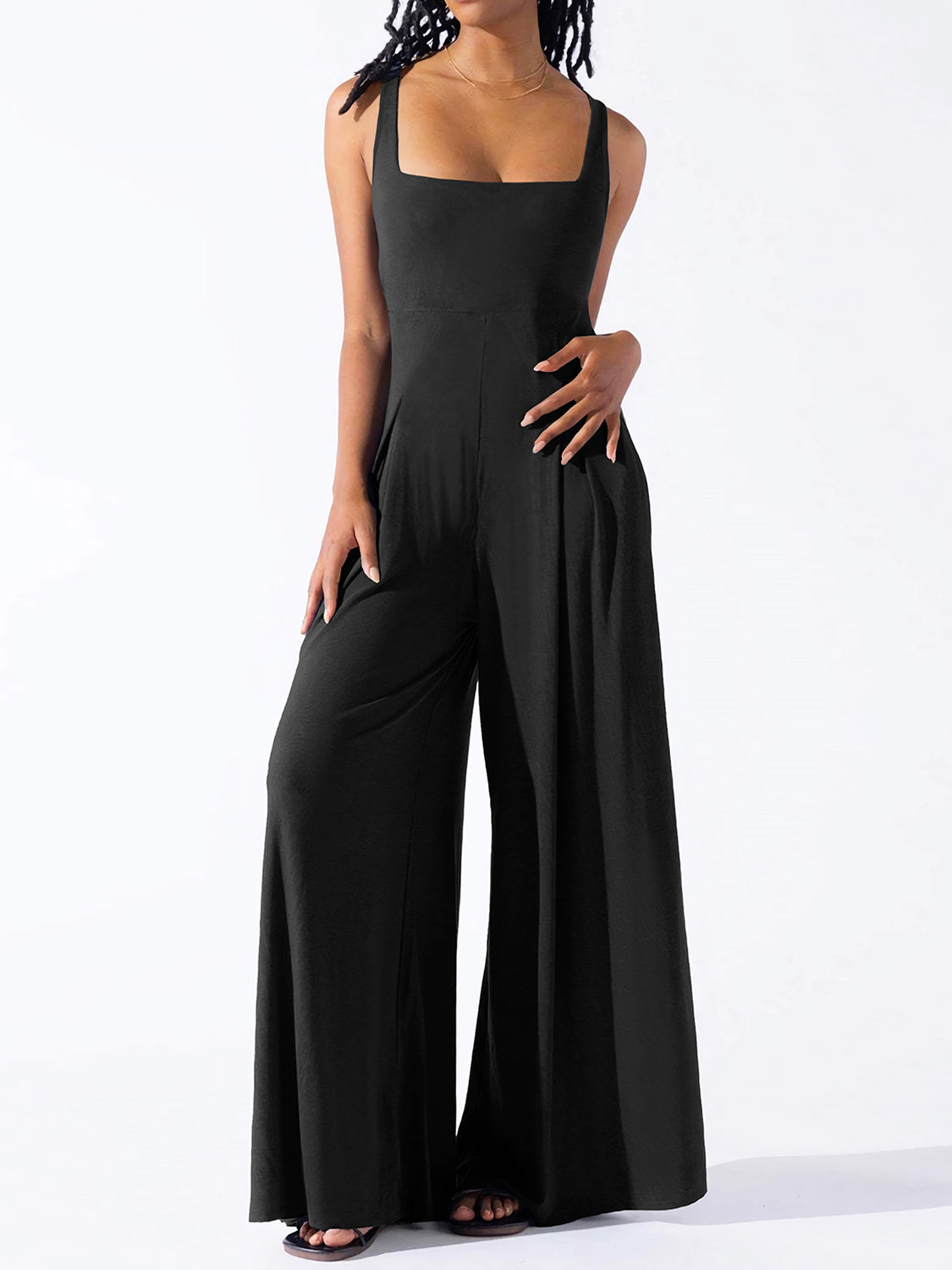 BELLA trendsi square neck wide strap jumpsuit, featuring a fitted bodice and wide shoulder straps, stylish and comfortable for casual wear.