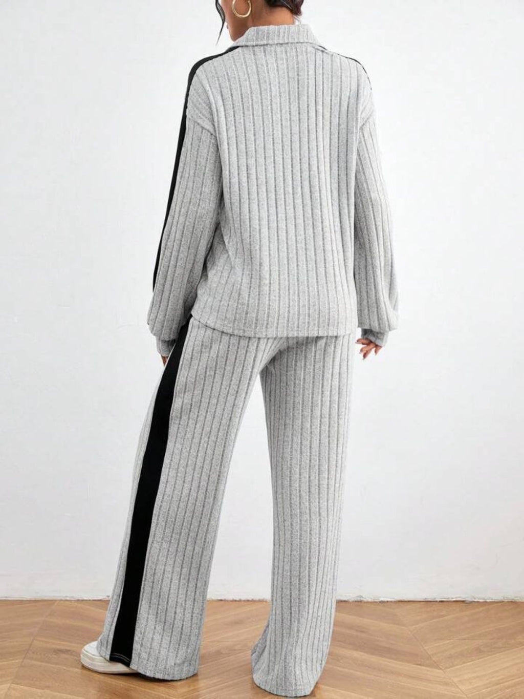 Bella Bla contrast collared neck long sleeve top and pants set featuring a stylish design, perfect for casual or trendy wear.