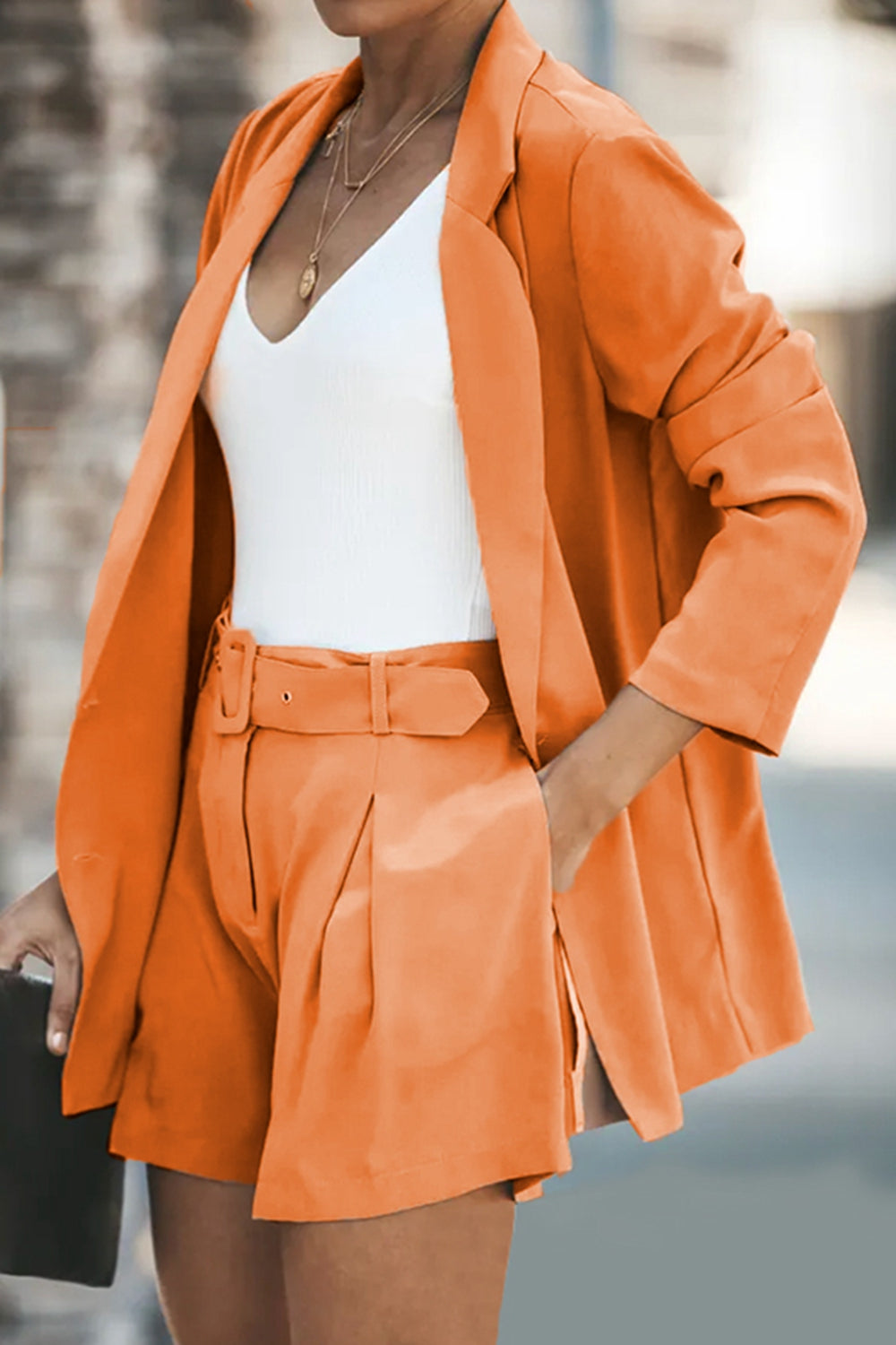 BELLA longline blazer and shorts set with pockets, stylish trendi fashion, featuring a tailored blazer and matching shorts.