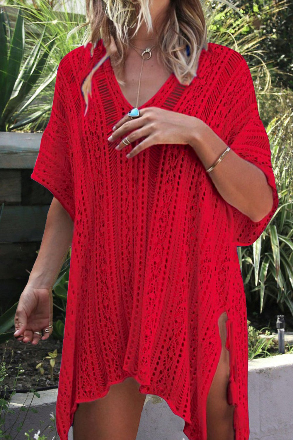 BELLA trendsi cutout V-neck cover-up with tassels, lightweight fabric, and stylish design perfect for beach or poolside wear.