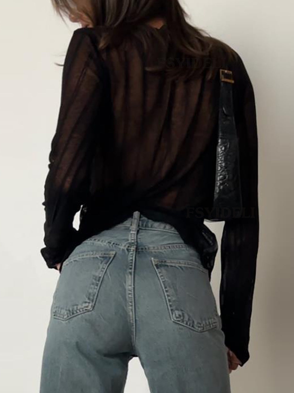 BELLA trendsi round neck long sleeve top in a neutral color, shown on a model with a close-up of the fabric and fit.