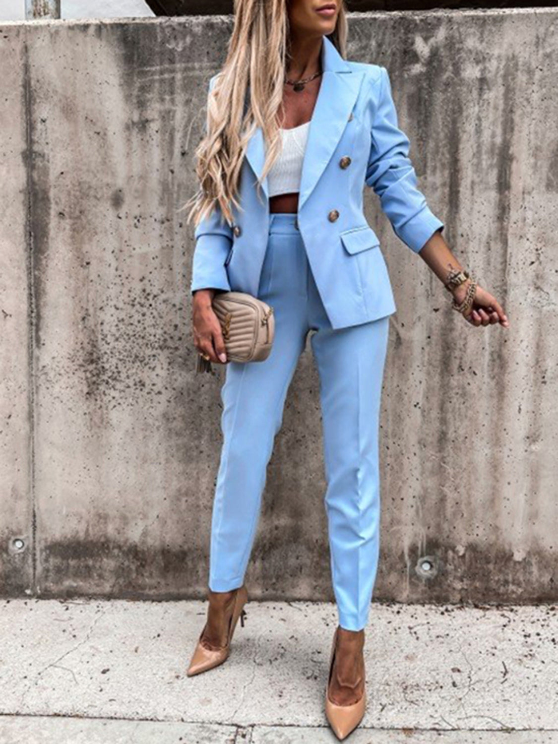 BELLA trendsi lapel collar long sleeve blazer and matching pants set, tailored fit, stylish formal outfit, black color
