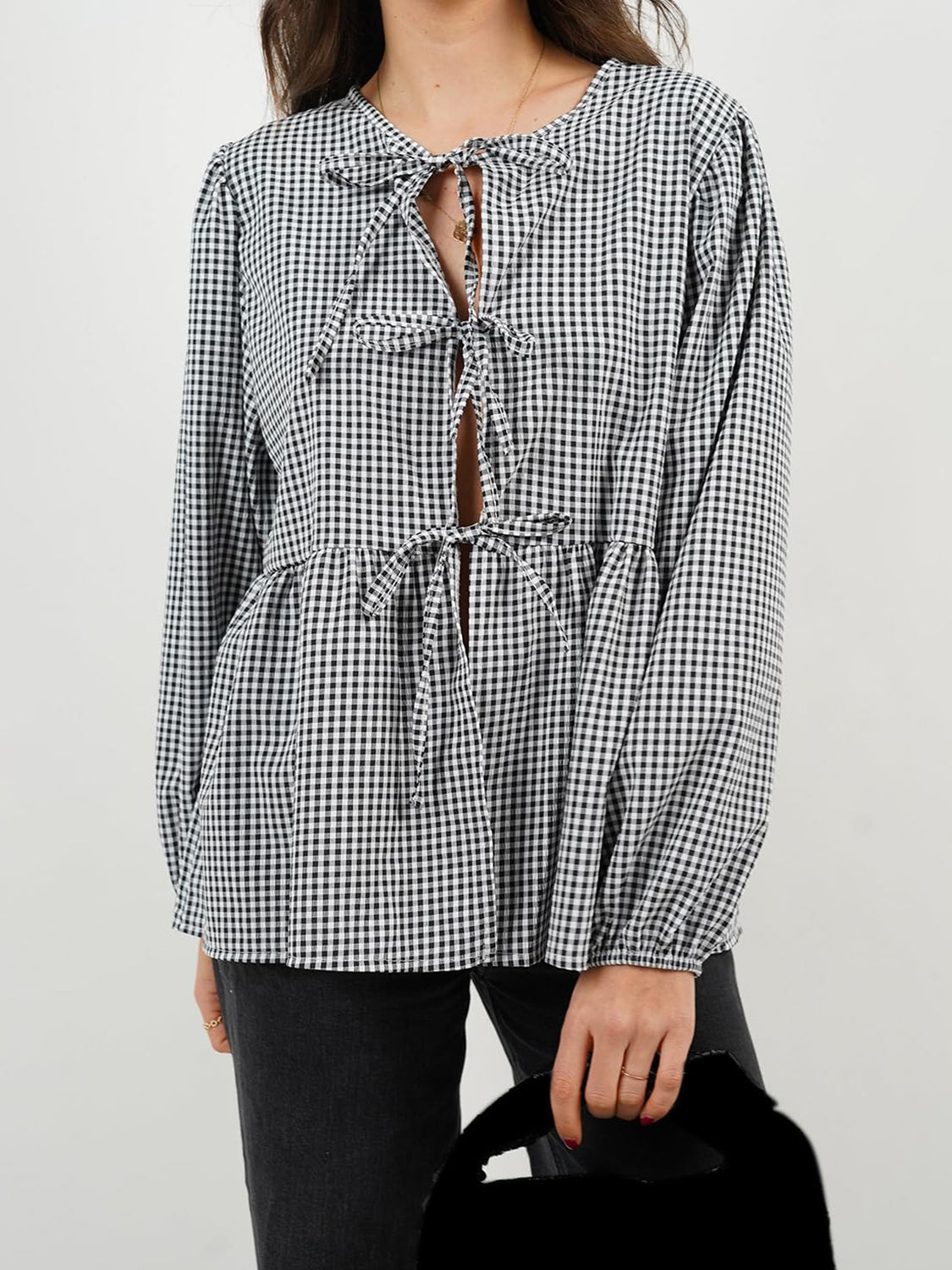 BELLA BLA tied round neck long sleeve blouse featuring a stylish design with a tied neckline and long sleeves, trendy and elegant.