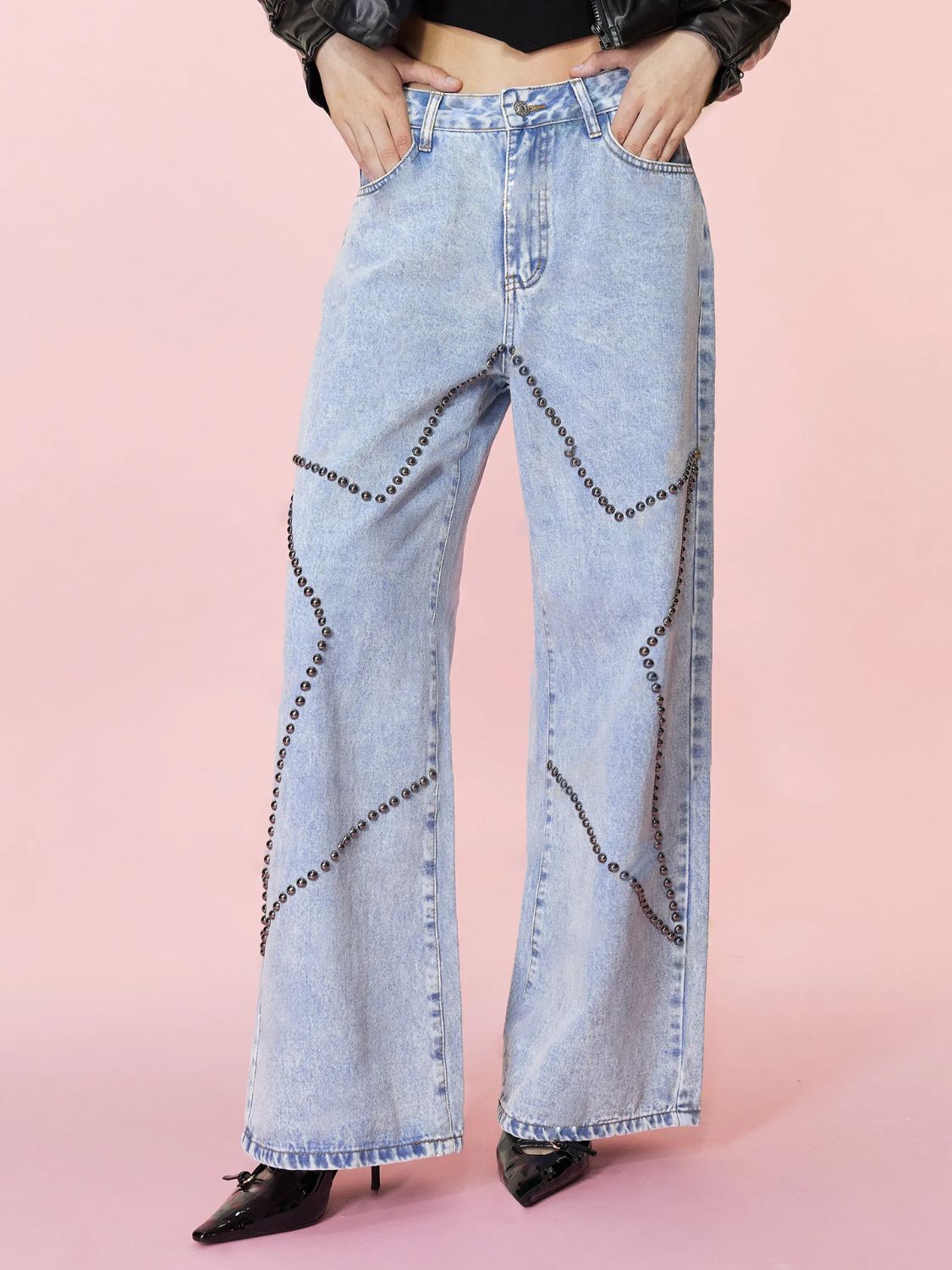 BELLA Studded Star Straight Jeans with pockets, trendy denim featuring star embellishments and a classic straight fit.