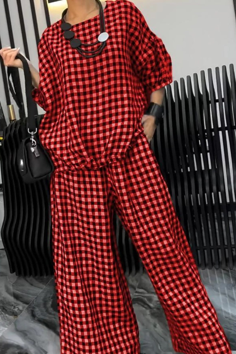 BELLA plaid round neck half sleeve top and matching pants set, stylish casual outfit in a classic checkered pattern.