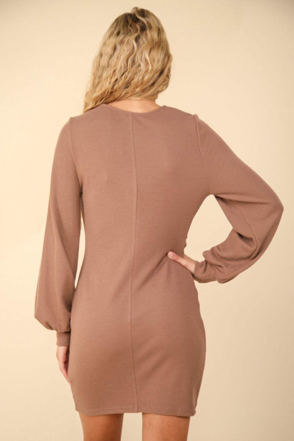 BELLA VERY J ruched detail bodycon mini dress shown on model, featuring a fitted silhouette and trendy design for stylish occasions.
