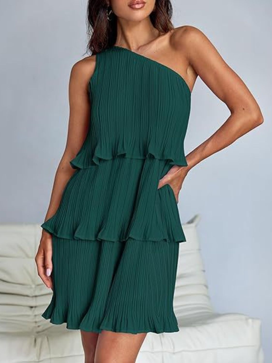BELLA layered single shoulder mini dress from trendsi, featuring a stylish design with a single shoulder strap and layered fabric.