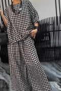 BELLA plaid round neck half sleeve top and matching pants set, featuring a classic pattern and comfortable fit.