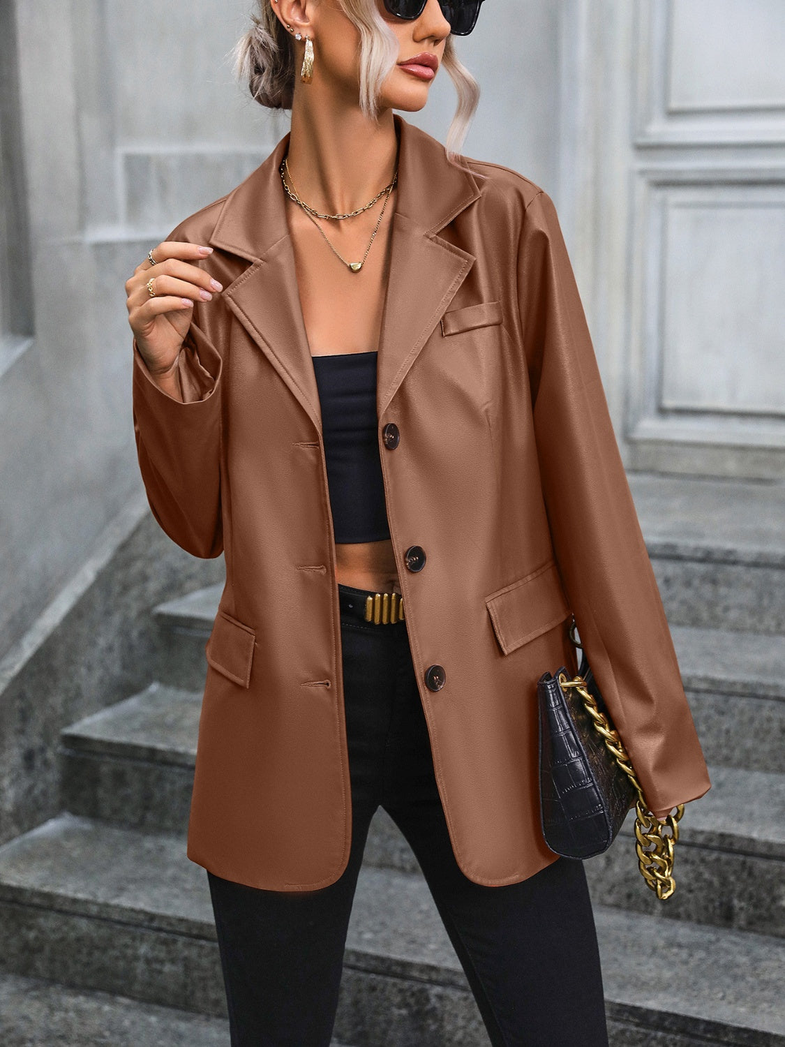BELLA Ivy Lane pocketed button-up blazer with collared neck, stylish and tailored for a polished look.