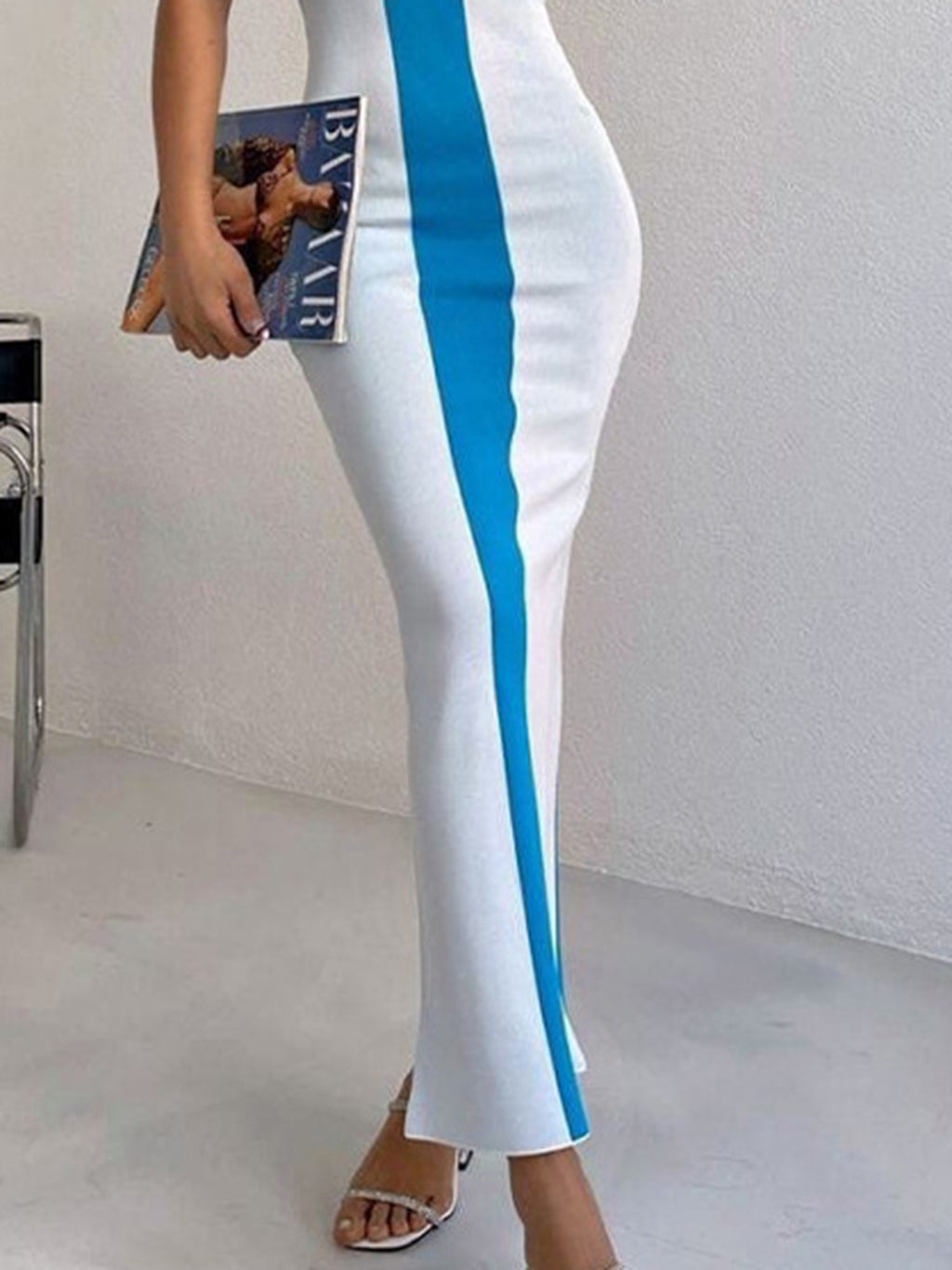 Bella BLA contrast wide strap slit midi dress with a flowing silhouette and stylish design, shown from the front.