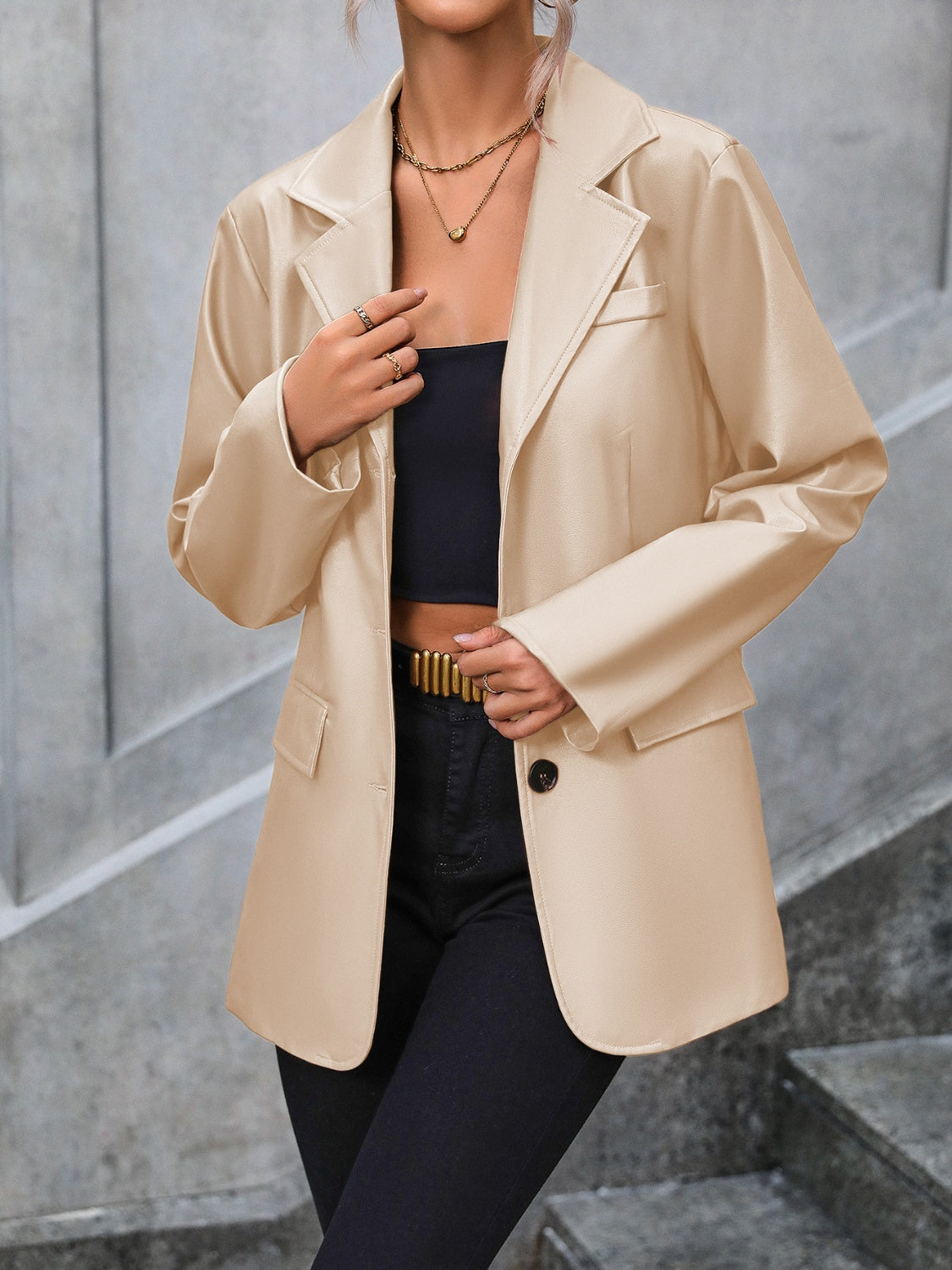 BELLA Ivy Lane pocketed button-up collared blazer with structured fit and classic design, ideal for professional or casual wear.