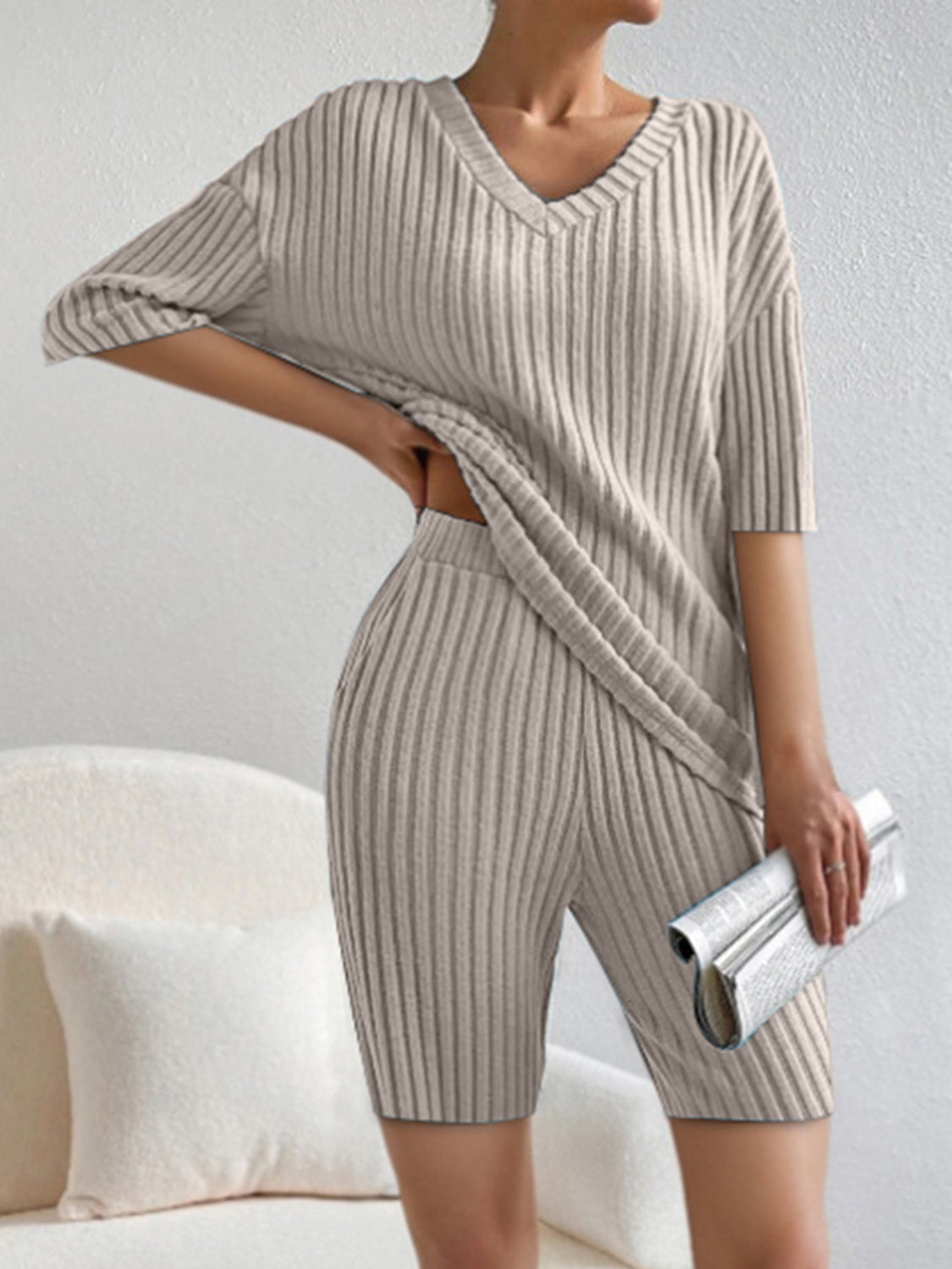 BELLA ribbed V-neck top and shorts set from Trendsi, showing a stylish matching two-piece outfit in soft fabric.