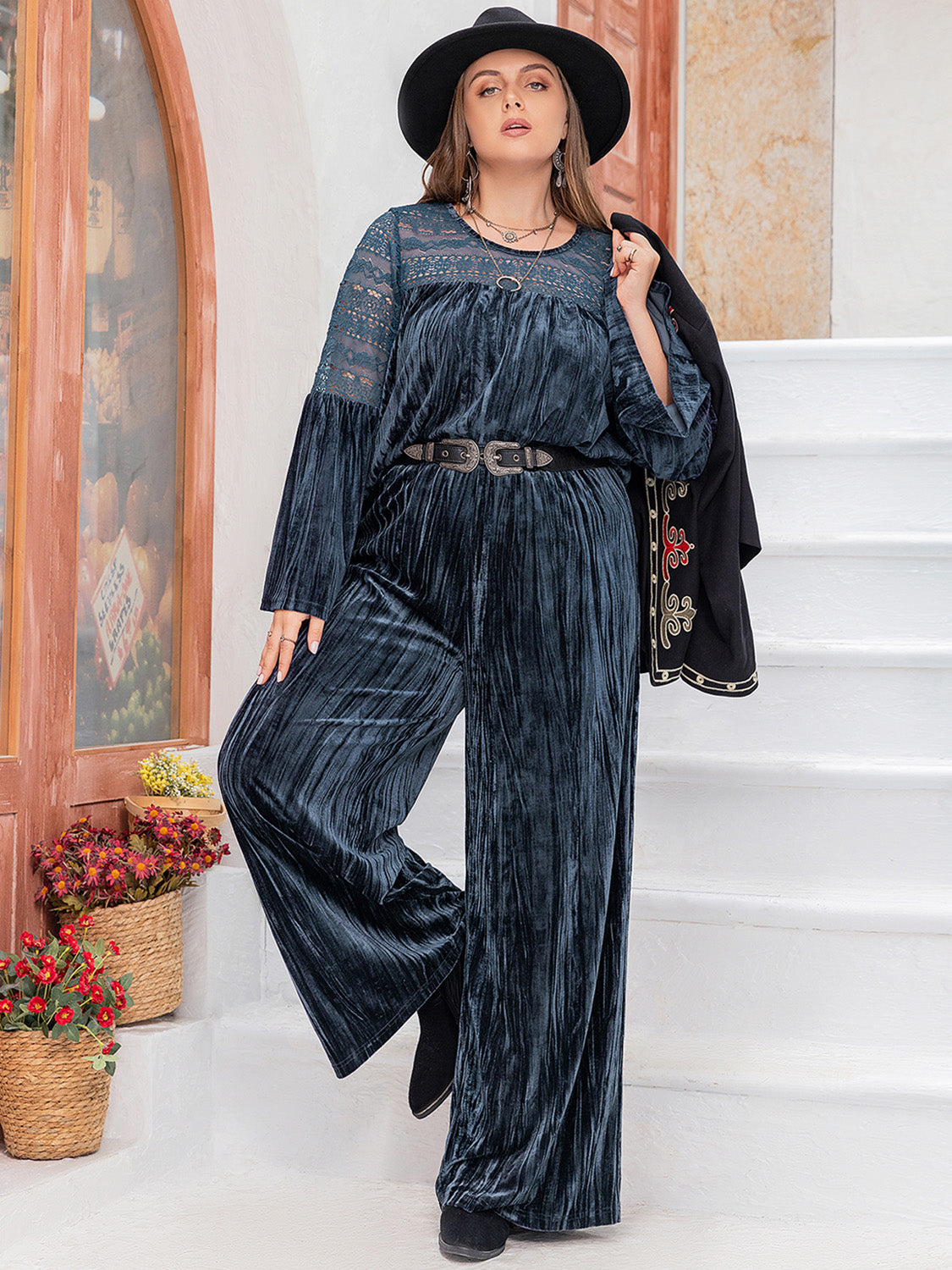 Plus size BELLA flare sleeve top and pants set with round neck, stylish and comfortable for casual wear.