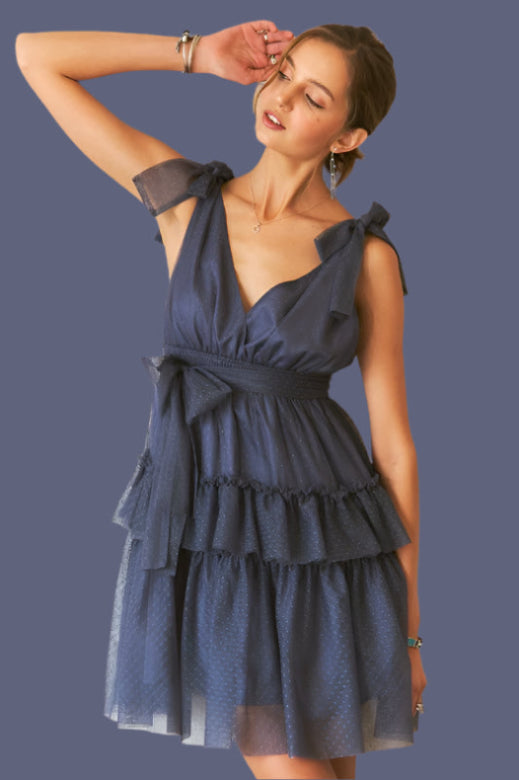 BELLA Tie Shoulder Polka Dot Mesh Dress featuring a stylish tie shoulder design and lightweight, breathable fabric.