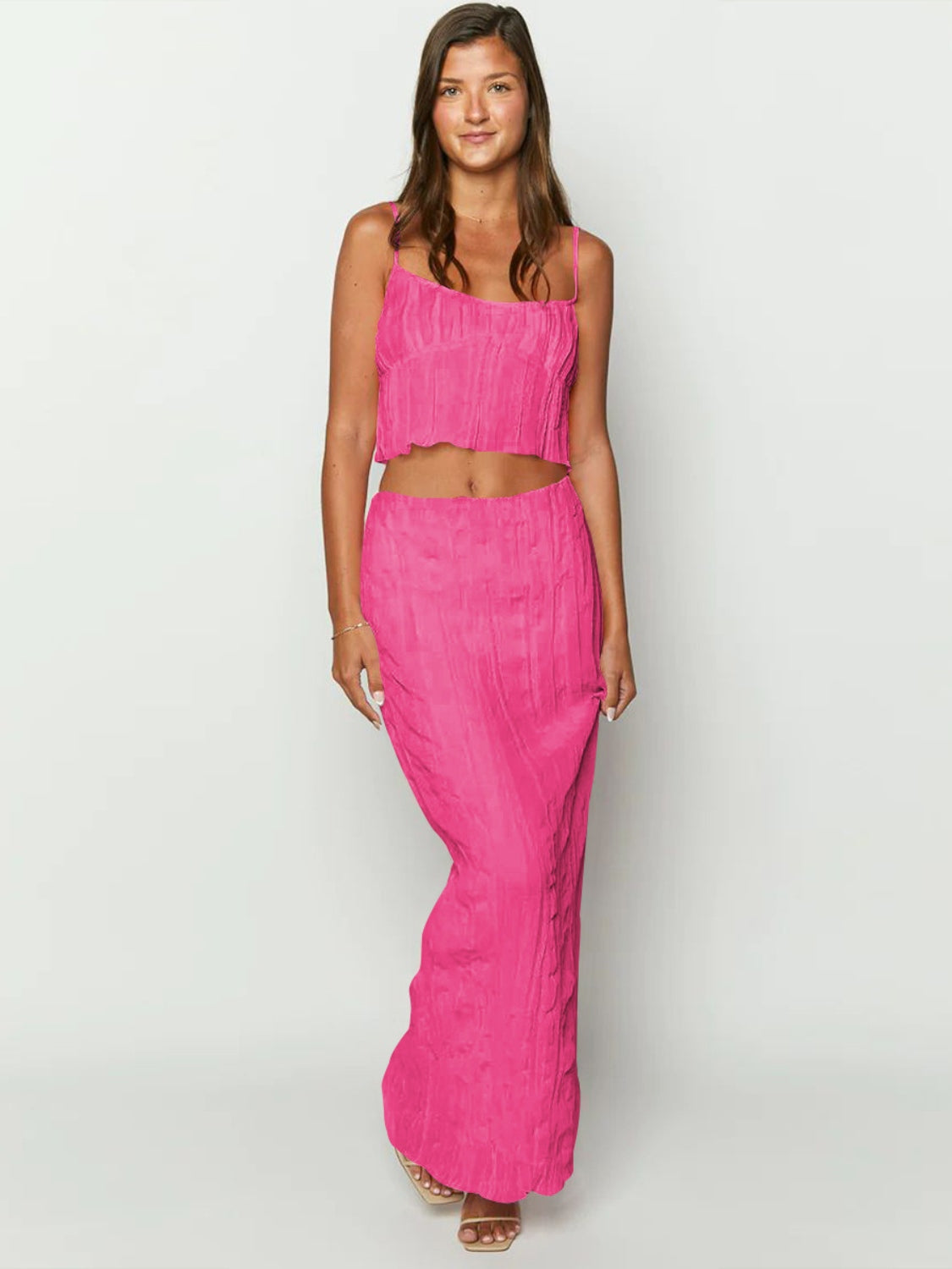 BELLA trendsi square neck sleeveless top and ruched skirt set, featuring a stylish coordinated outfit with fitted design and trendy details.