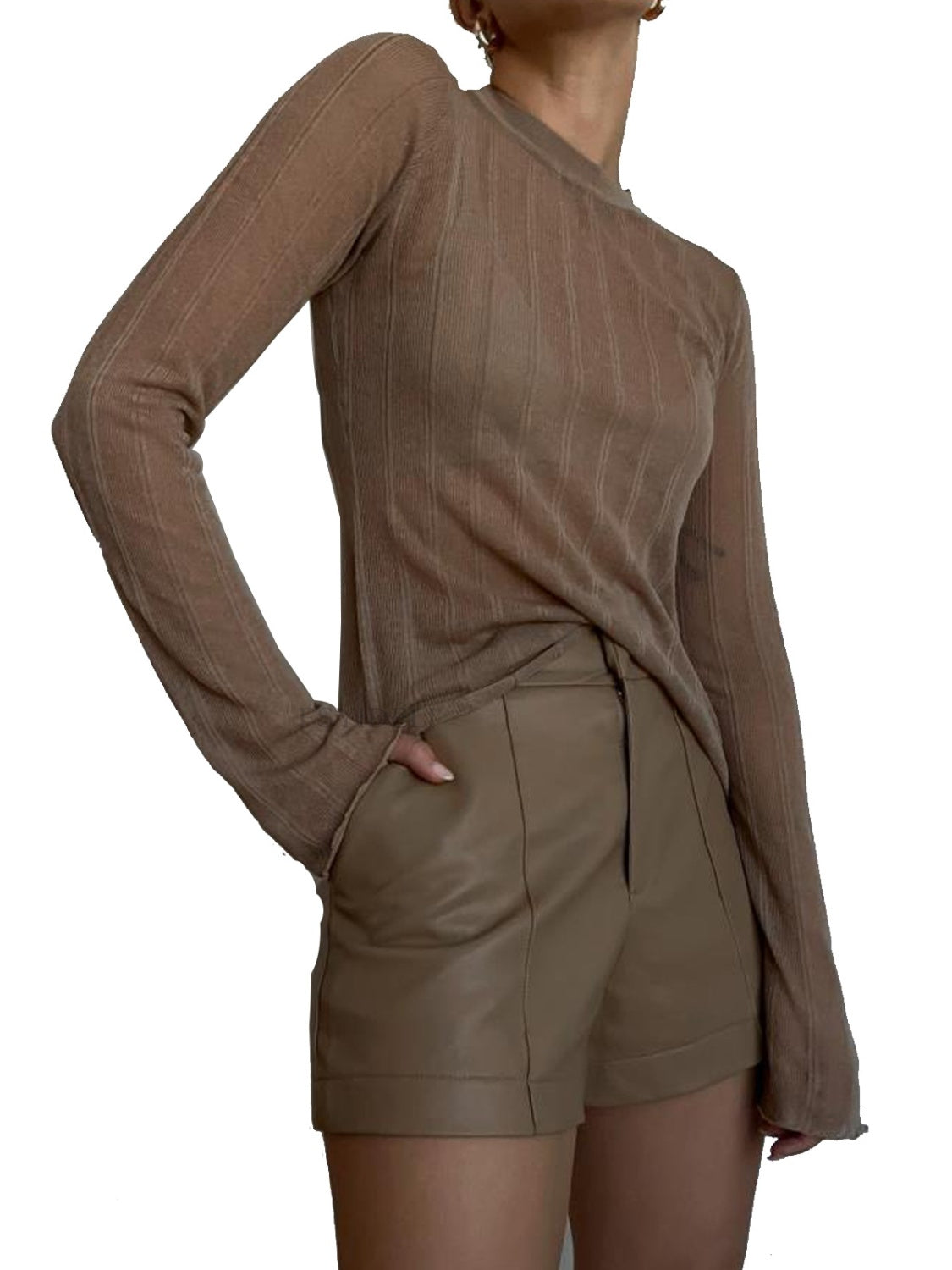 BELLA Trendsi round neck long sleeve top, soft fabric, fitted style, white color, displayed on a hanger.