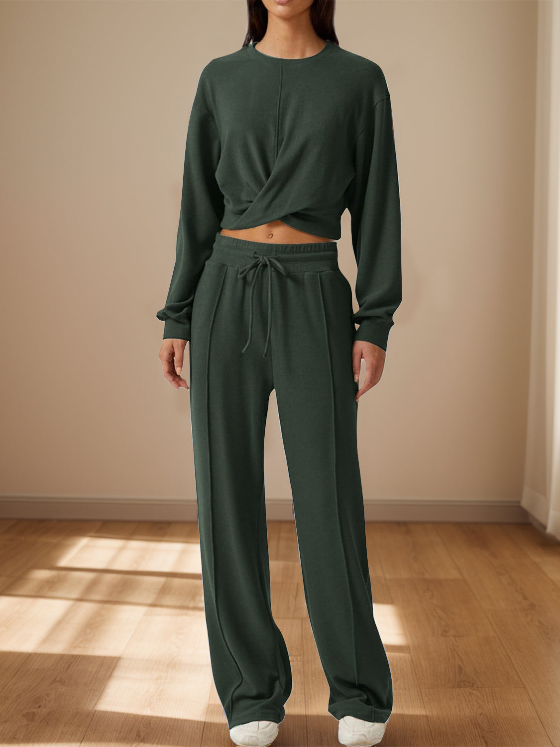 BELLA Crisscross round neck top and drawstring pants set, casual outfit with a fitted top and relaxed pants, trendy and comfortable.