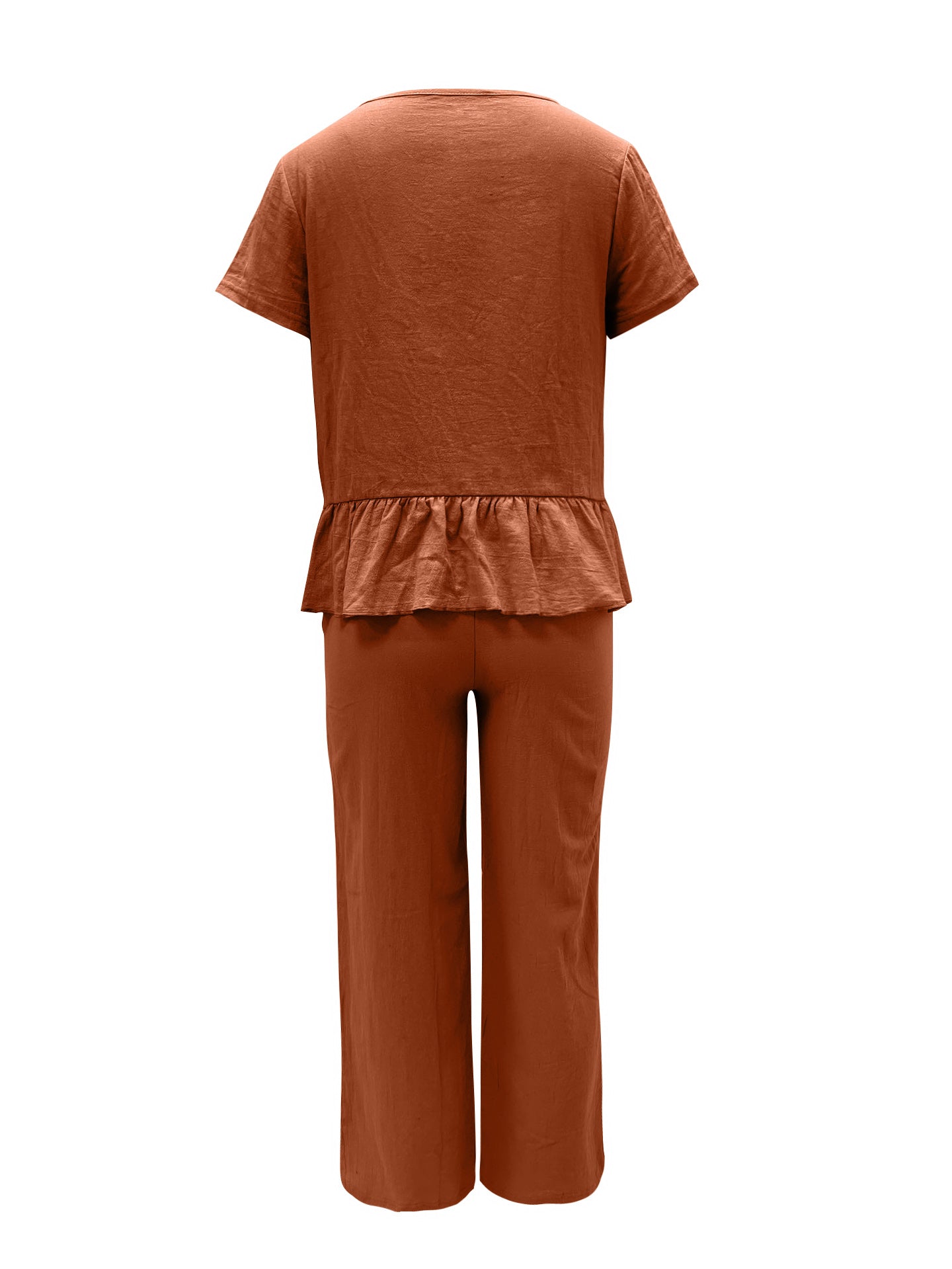 BELLA trendsi peplum round neck short sleeve top and matching pants set displayed on a model, stylish and casual fashion outfit.