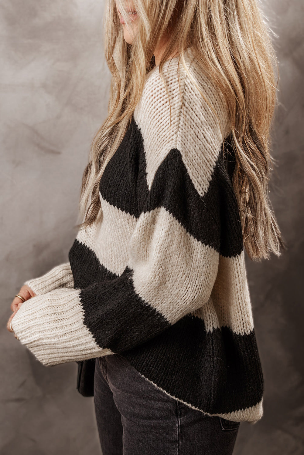 Color block round neck sweater by BELLA BLA featuring vibrant color blocking and a classic round neckline.