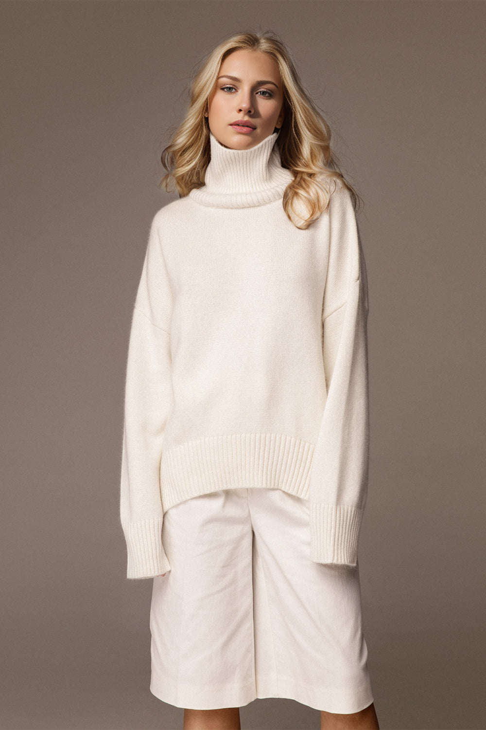 BELLA BLA trendy turtleneck dropped shoulder long sleeve sweater, soft knit, in a cozy neutral color, stylish and comfortable.