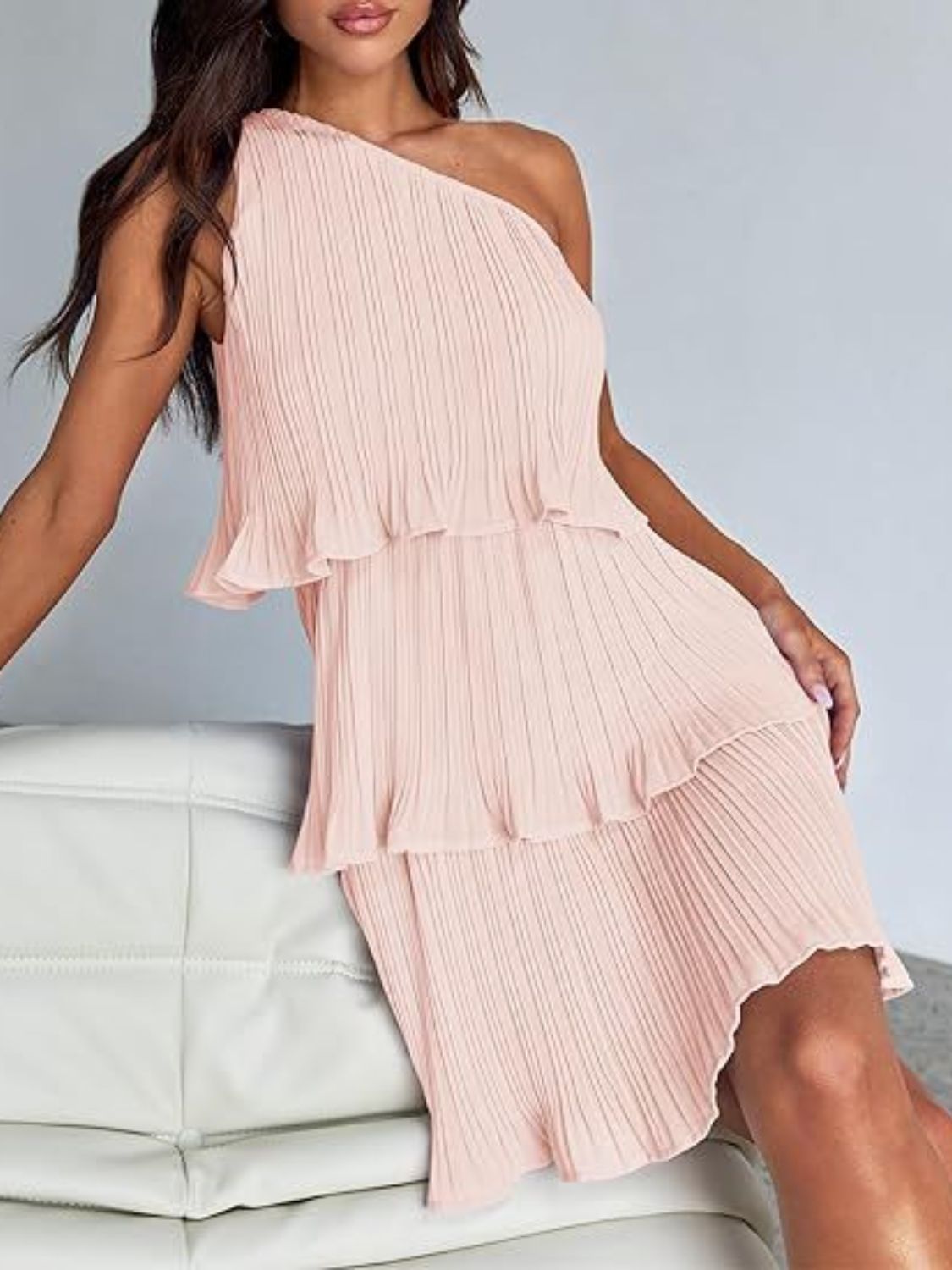 BELLA layered single shoulder mini dress from trendsi, featuring a stylish asymmetrical design and flowing fabric on a model.