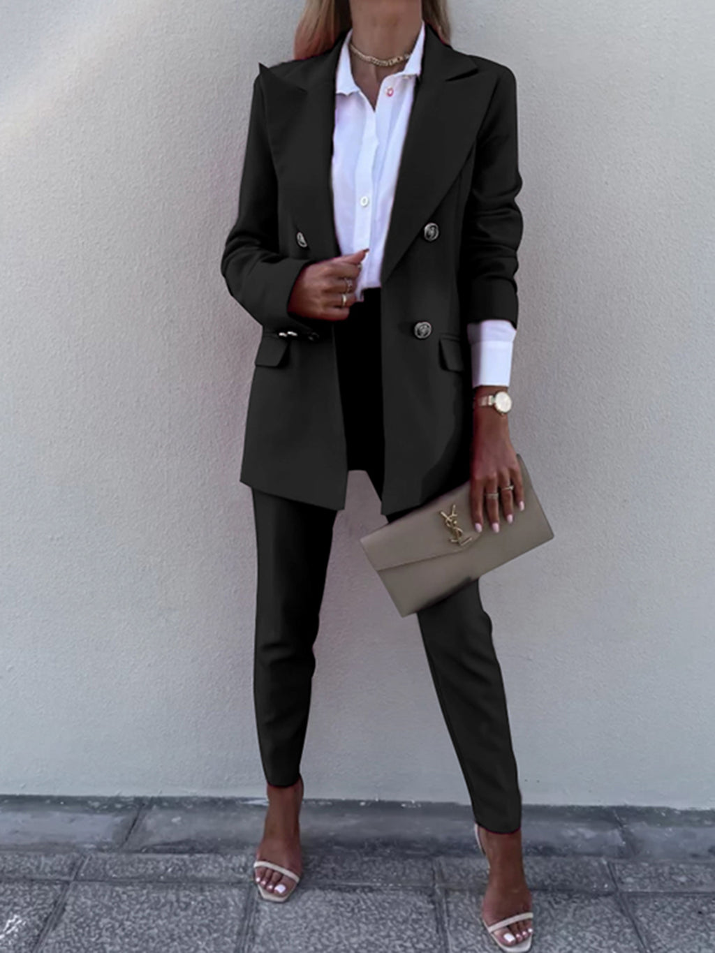 BELLA trendsi long sleeve blazer and pants set with lapel collar, stylish tailored design, and modern fit, shown in the product image.