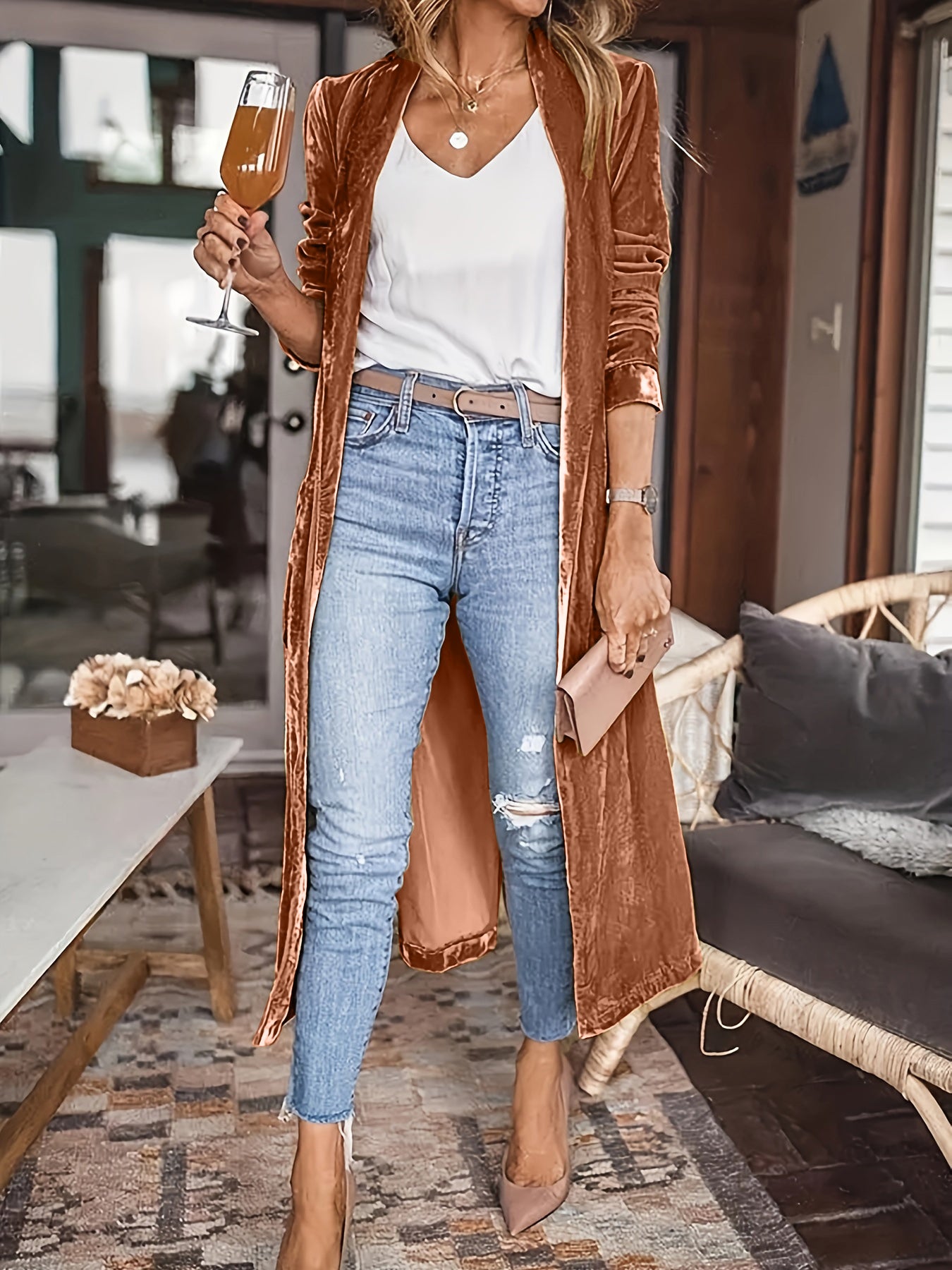 BELLA BLA open front long sleeve coat from trendsi, featuring a stylish design with long sleeves and a relaxed front opening.