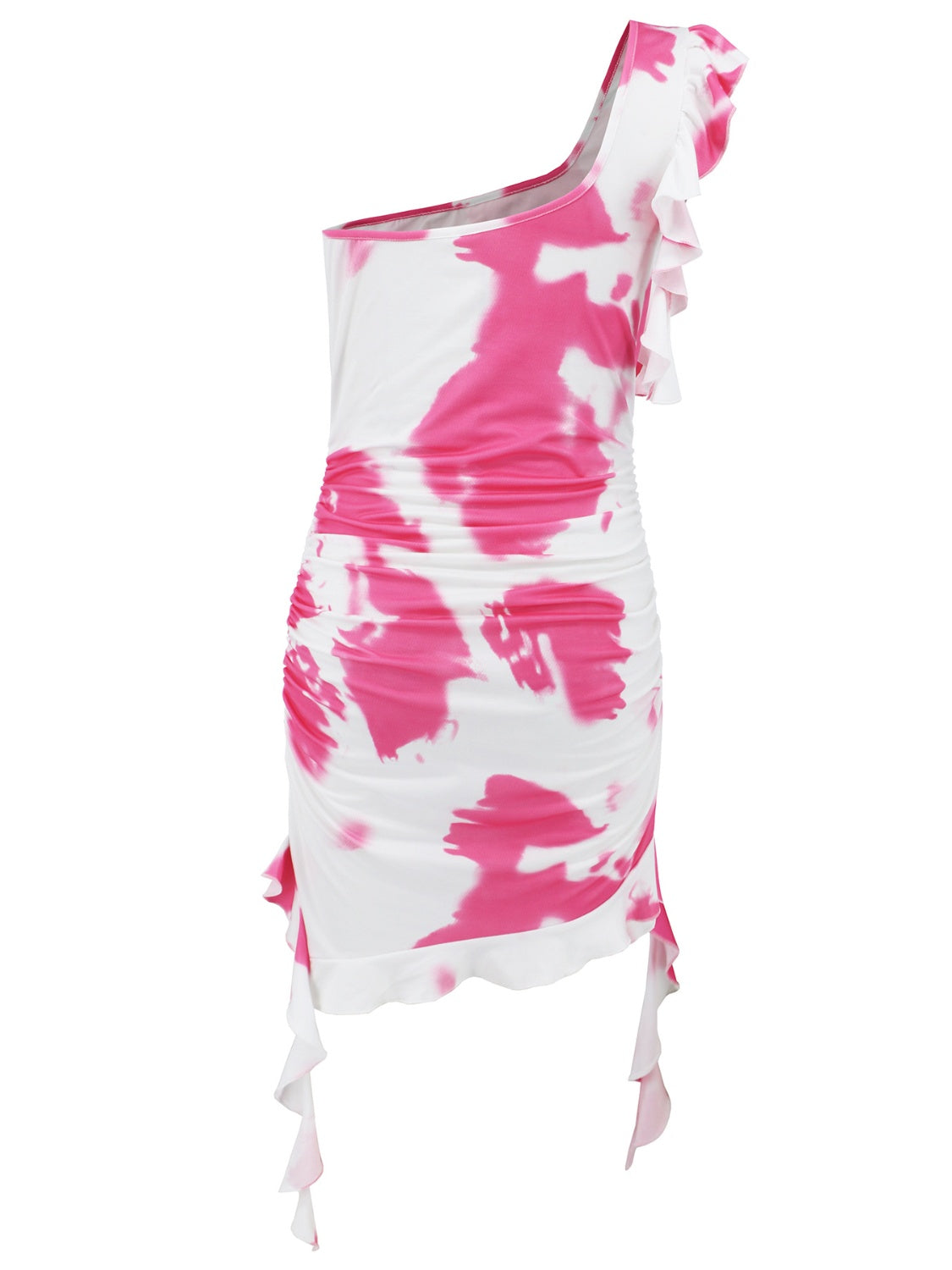 BELLA ruffled tie-dye single shoulder mini dress featuring a stylish, flowy design and trendy off-shoulder silhouette.