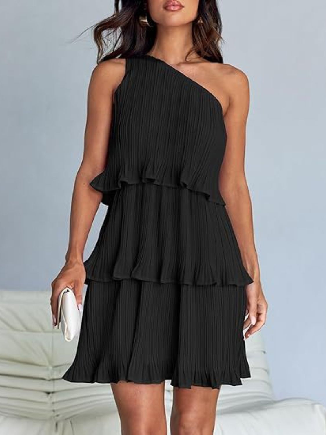 BELLA layered single shoulder mini dress from trendsi, featuring a stylish asymmetrical design and tiered fabric for a trendy look.