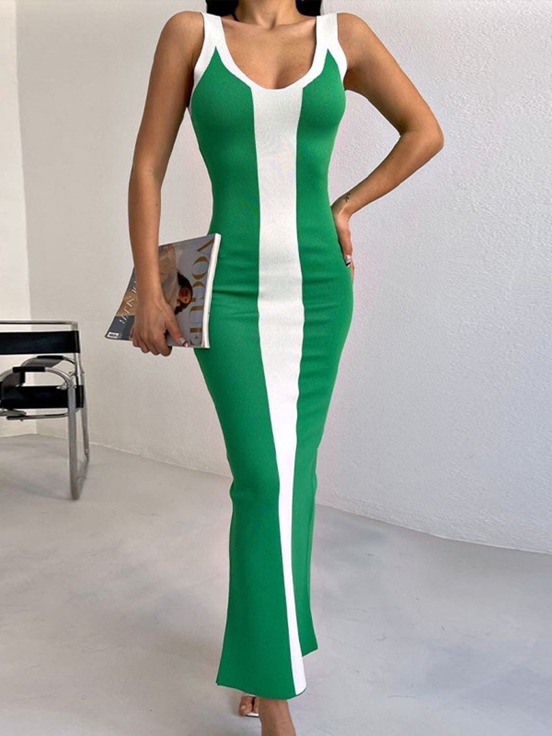 BELLA BLA Contrast Wide Strap Slit Midi Dress featuring a sleek design with wide straps and a stylish thigh slit.