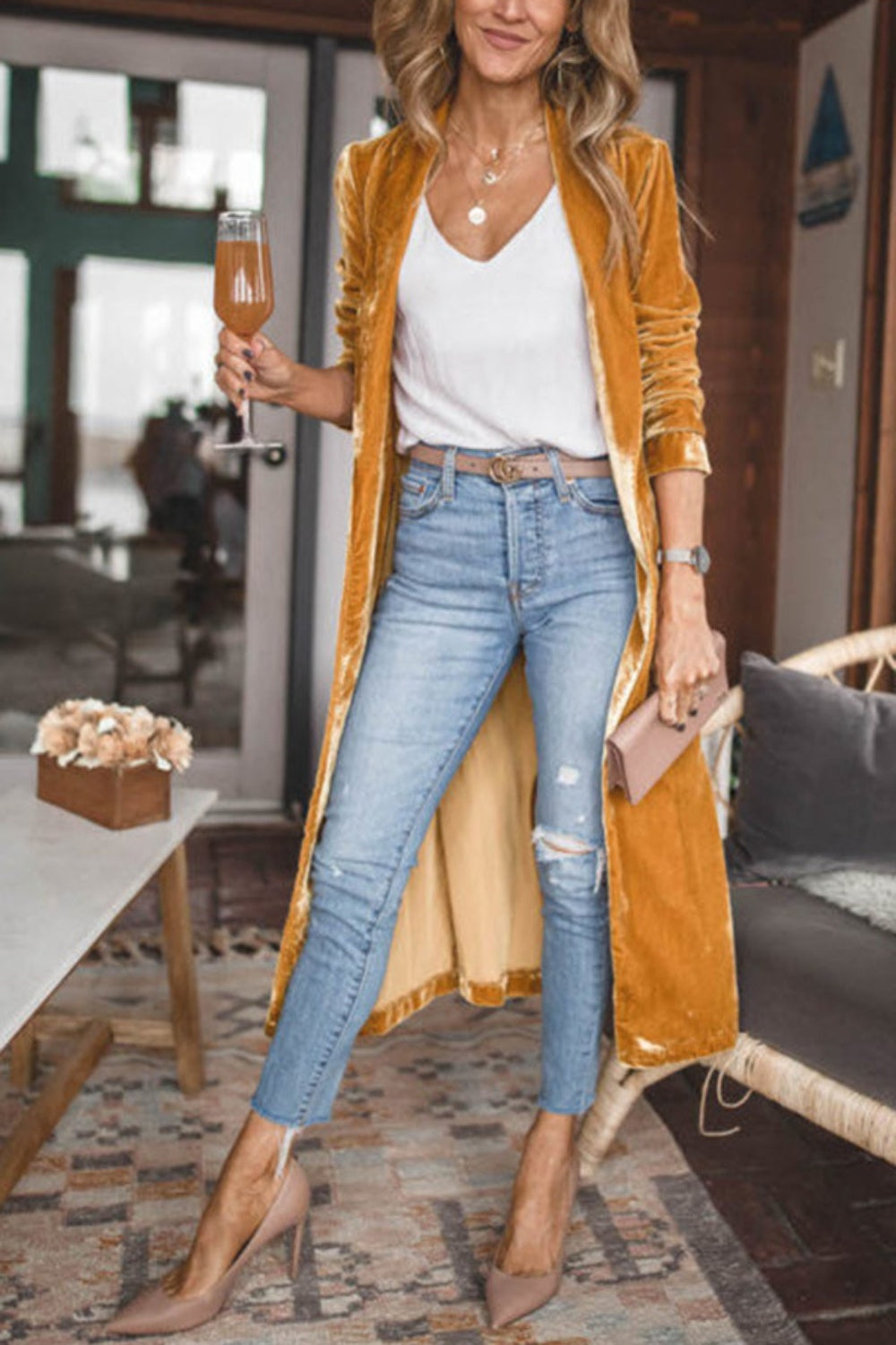 Open front long sleeve coat from BELLA BLA by trendsi, stylish and cozy outerwear with a relaxed fit and soft fabric.