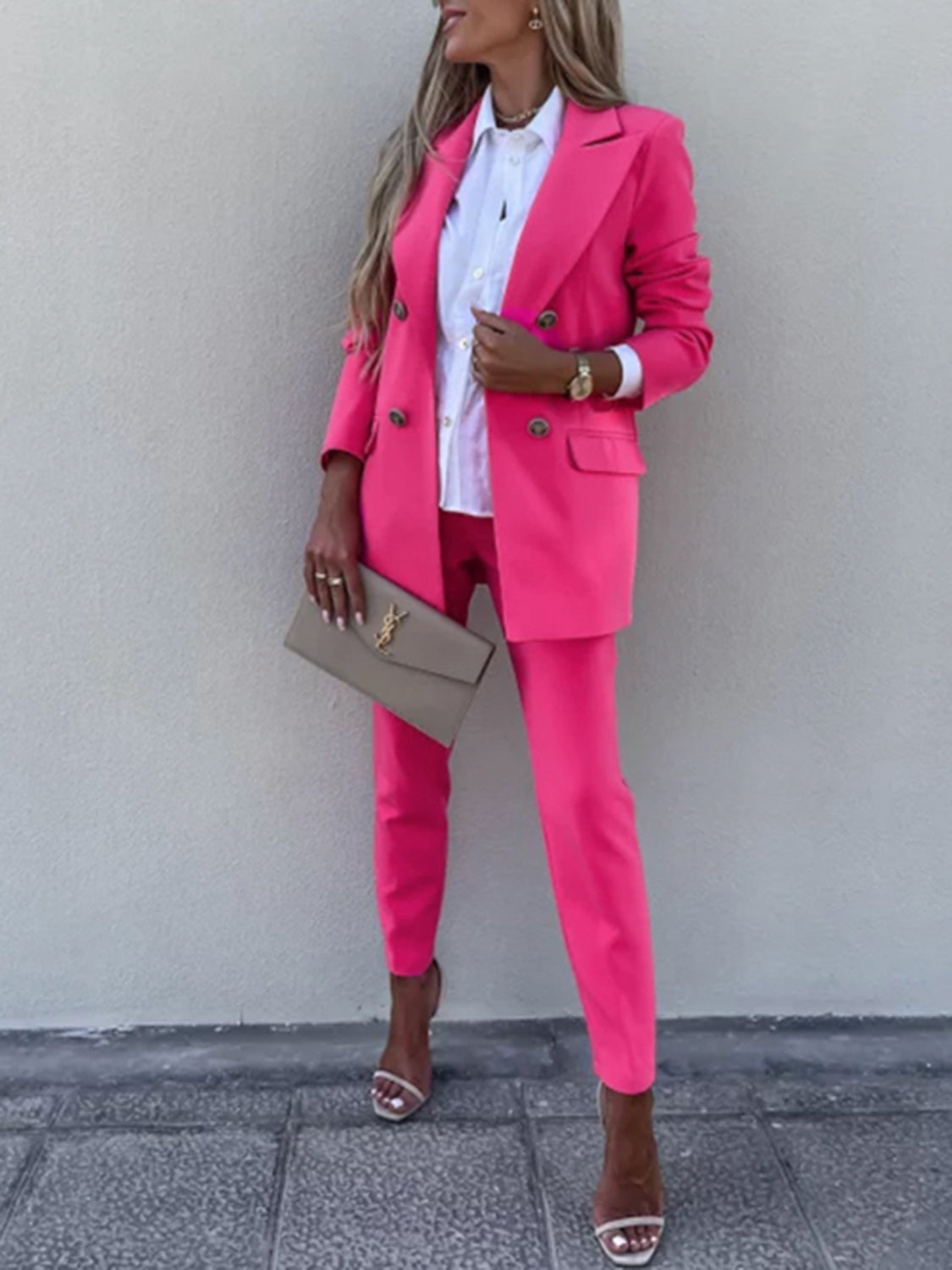 BELLA trendsi lapel collar long sleeve blazer and pants set, tailored fit, in neutral fabric, shown on a mannequin.