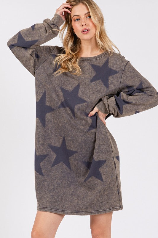 Bella Star Print Round Neck Dress featuring a comfortable fit and stylish star pattern on soft fabric, perfect for casual wear.