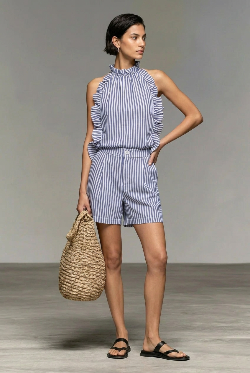 Ruffled Striped Sleeveless Top and Shorts Set