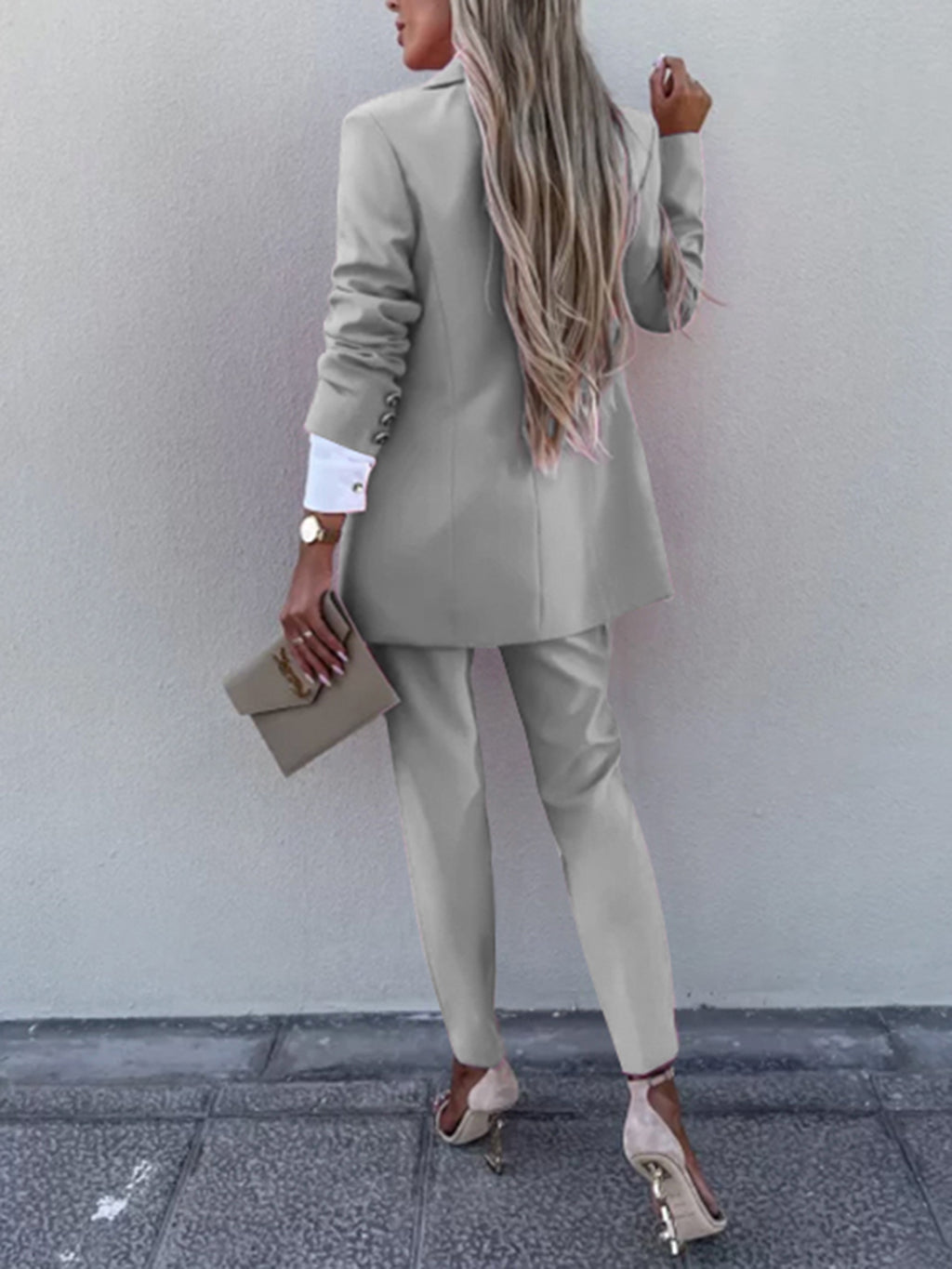 BELLA Trendsi lapel collar long sleeve blazer and matching pants set, stylish tailored suit for women, in neutral fabric.