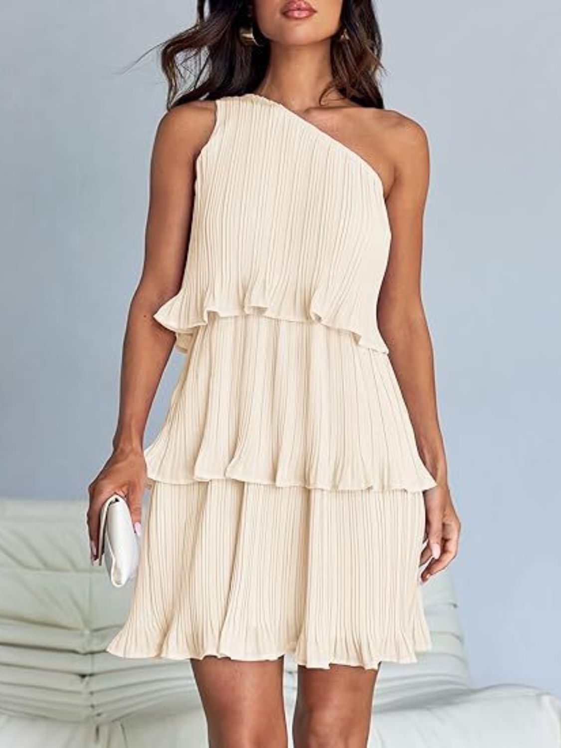 BELLA layered single shoulder mini dress from trendsi featuring a stylish design with a single shoulder strap and layered details.