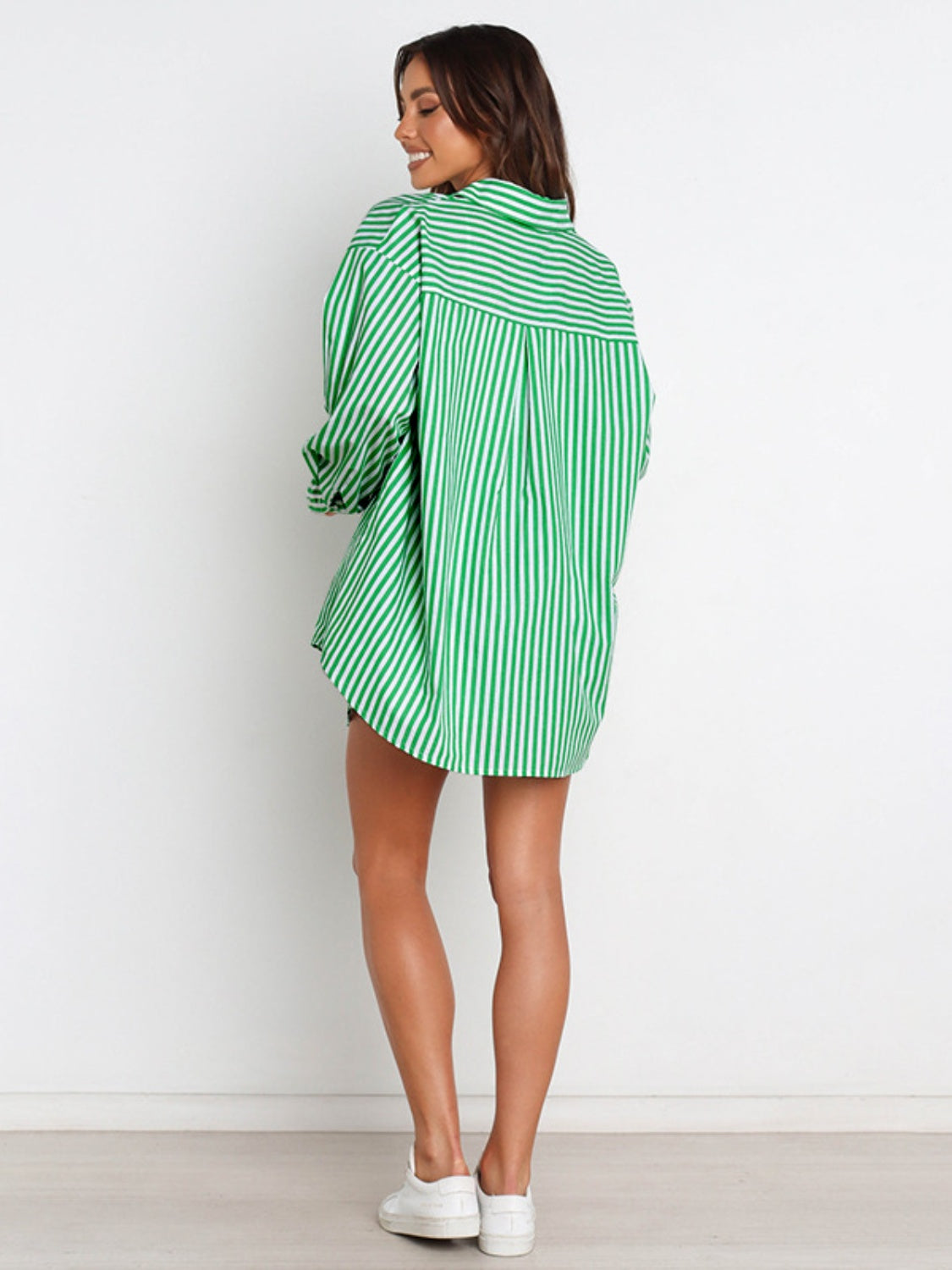 Striped Bella Trendsi dropped shoulder shirt and matching shorts set, casual summer outfit, with vertical blue and white stripes.
