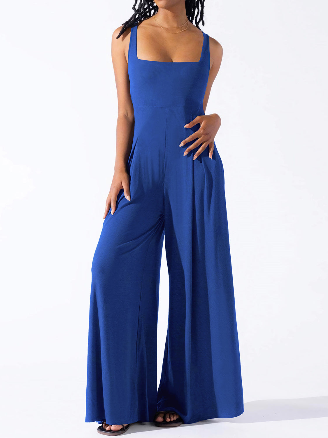 BELLA trendsi square neck wide strap jumpsuit shown in beige, featuring a fitted bodice and wide-leg pants for a stylish look.