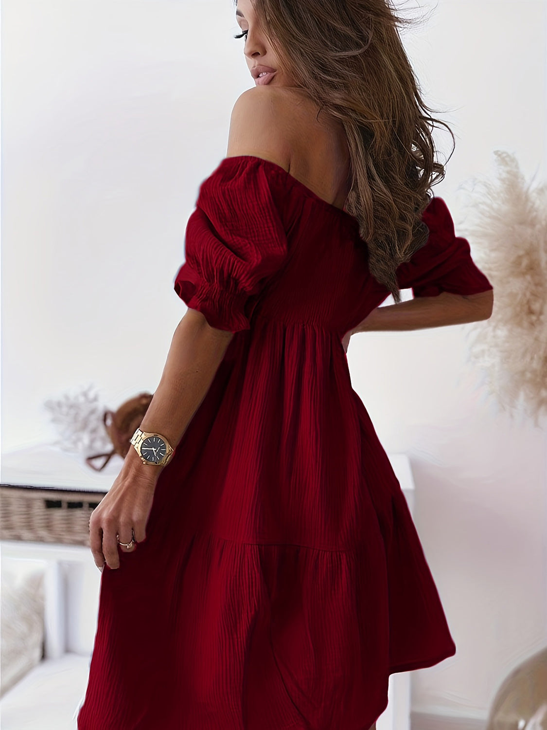 BELLA trendsi full size ruffled off-shoulder short sleeve dress displayed on a mannequin with a flowy, feminine design.