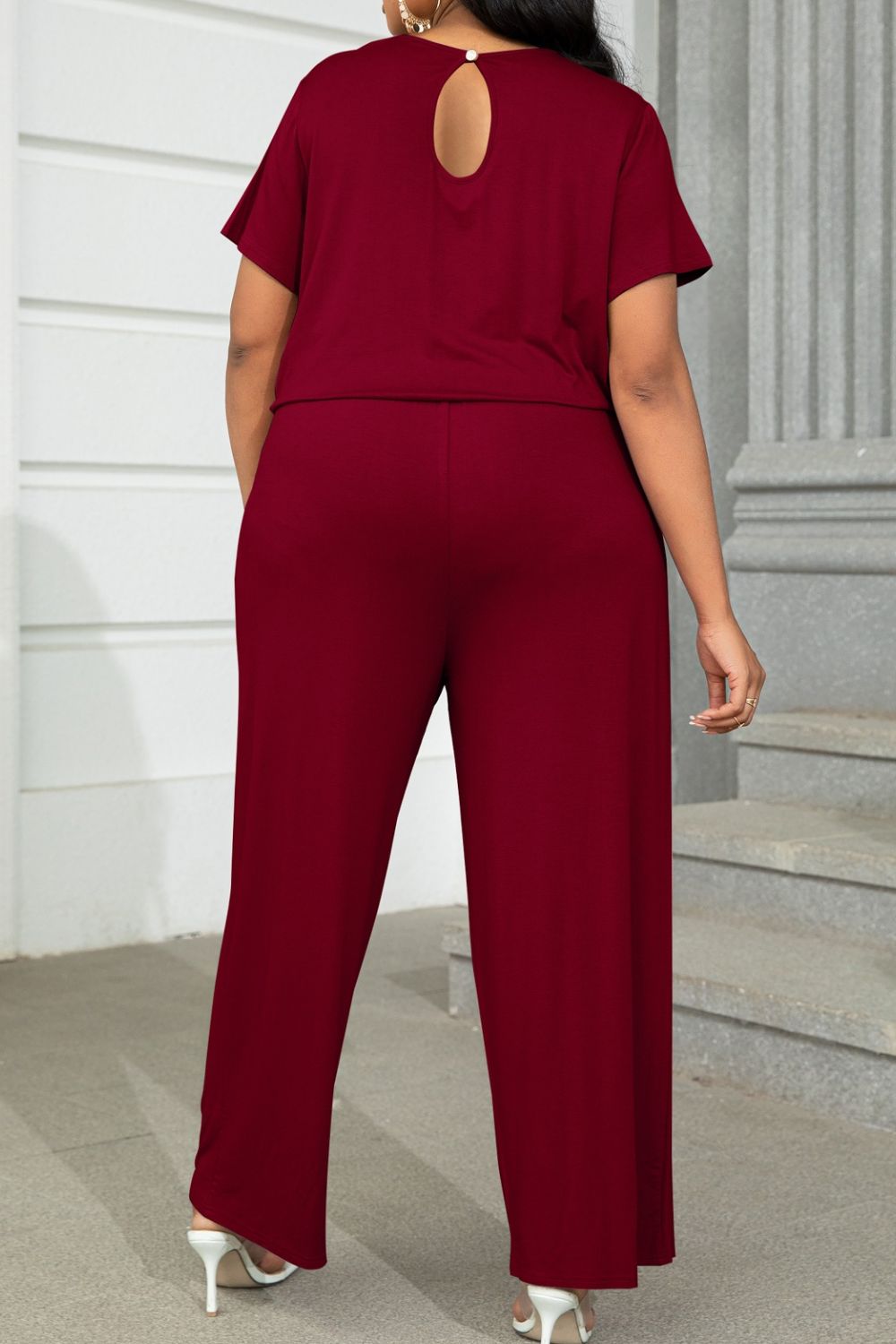 Plus size BELLA drawstring waist short sleeve jumpsuit, casual and comfortable summer jumpsuit with relaxed fit.