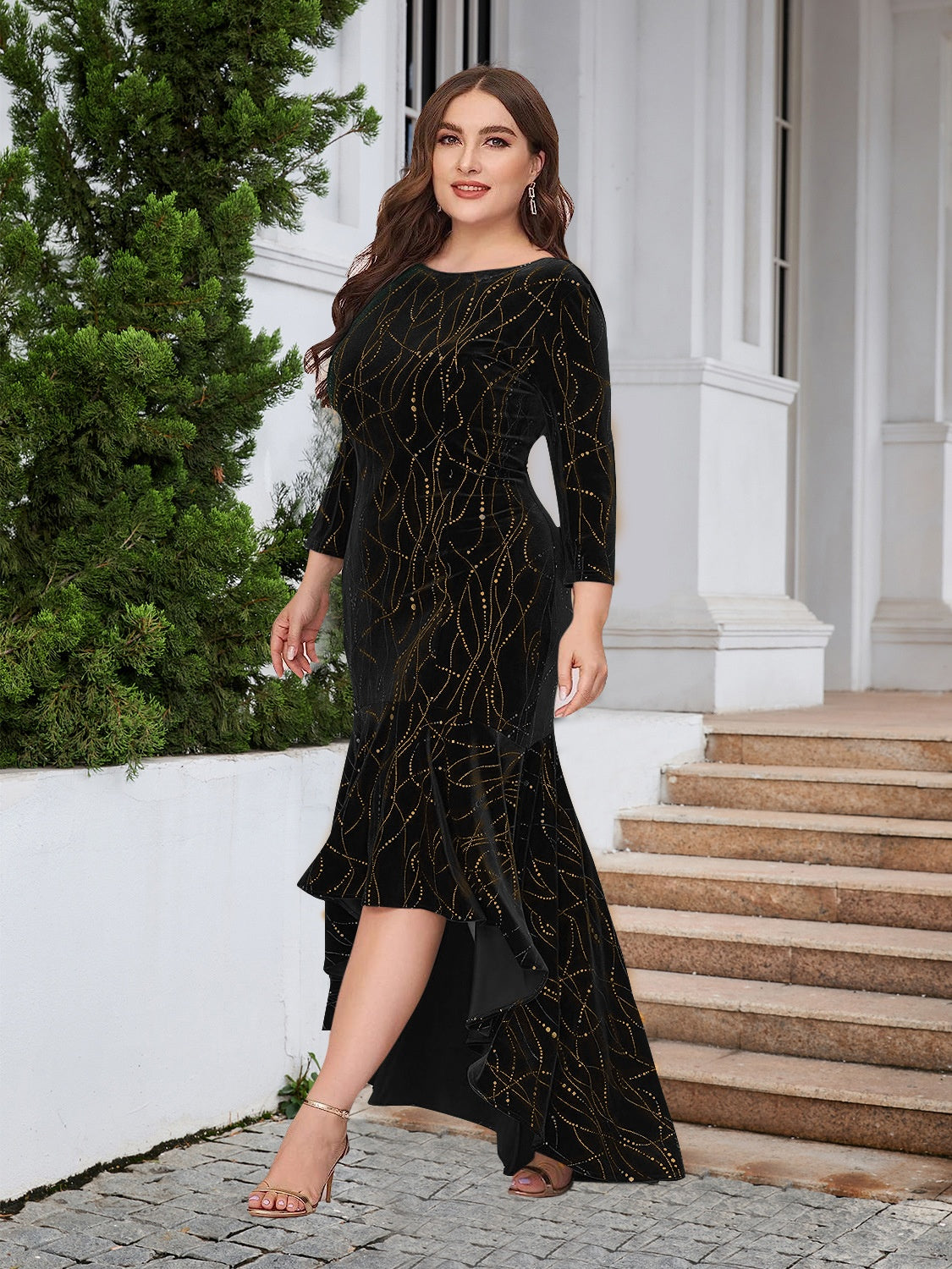 Plus size ruffle hem high-low dress by BELLA featuring flowy fabric and a stylish ruffled hem, perfect for fashionable occasions.