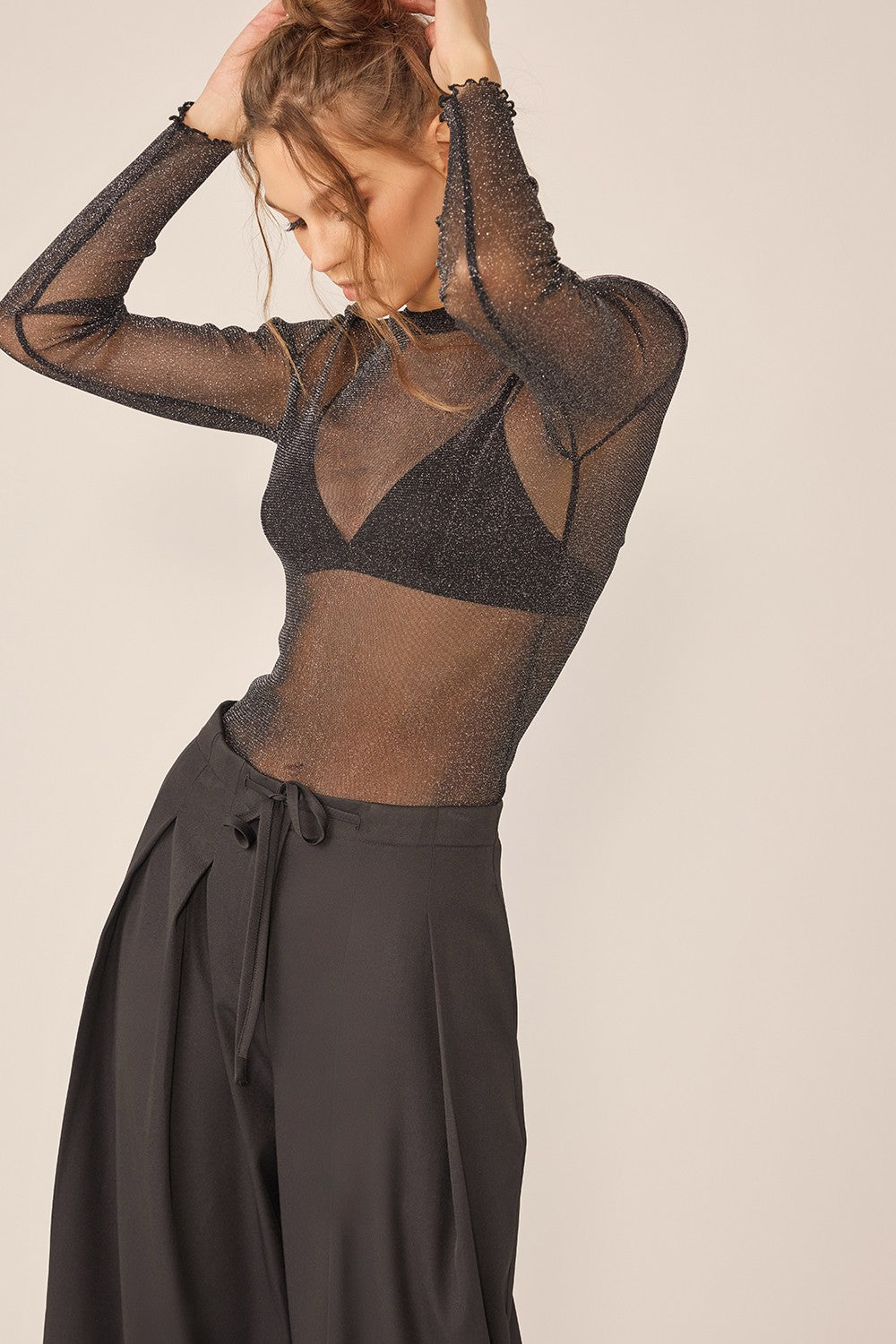 BELLA Idem Ditto sparkling glitter long sleeve sheer top with fitted design and shimmering details, stylish and trendy for fashionable wear.