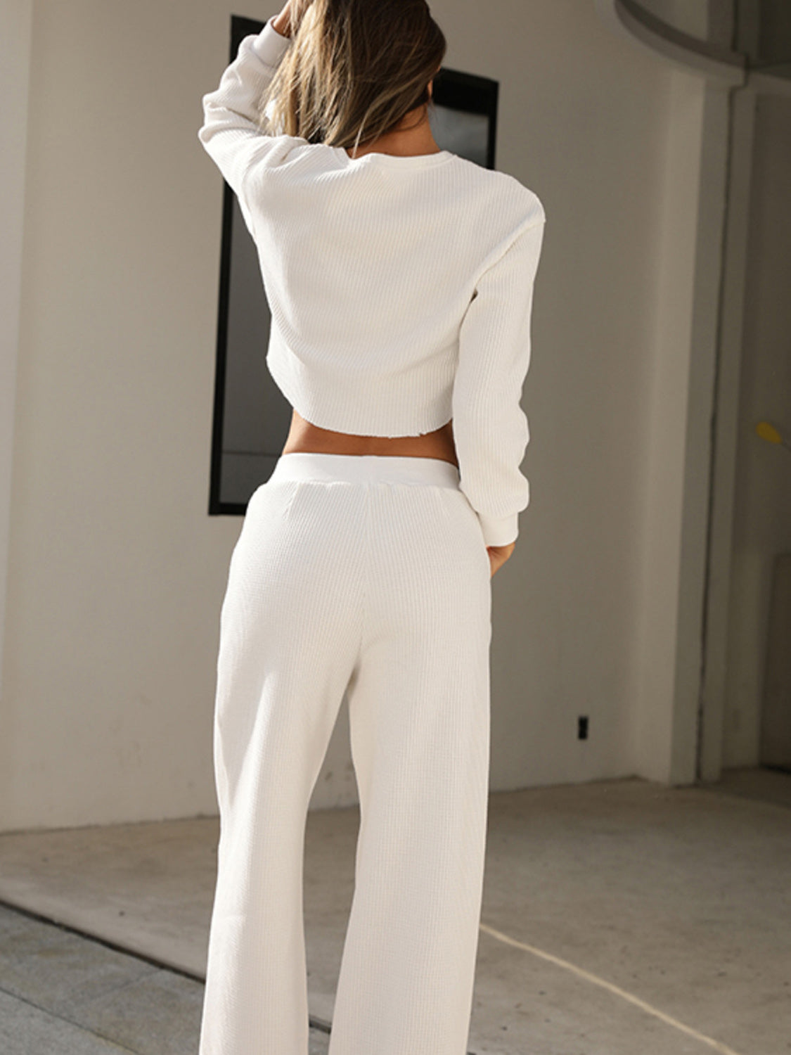Bella Waffle-Knit Round Neck Top and Pants Set, cozy knit fabric, long sleeve top with matching pants, stylish and comfortable ensemble.