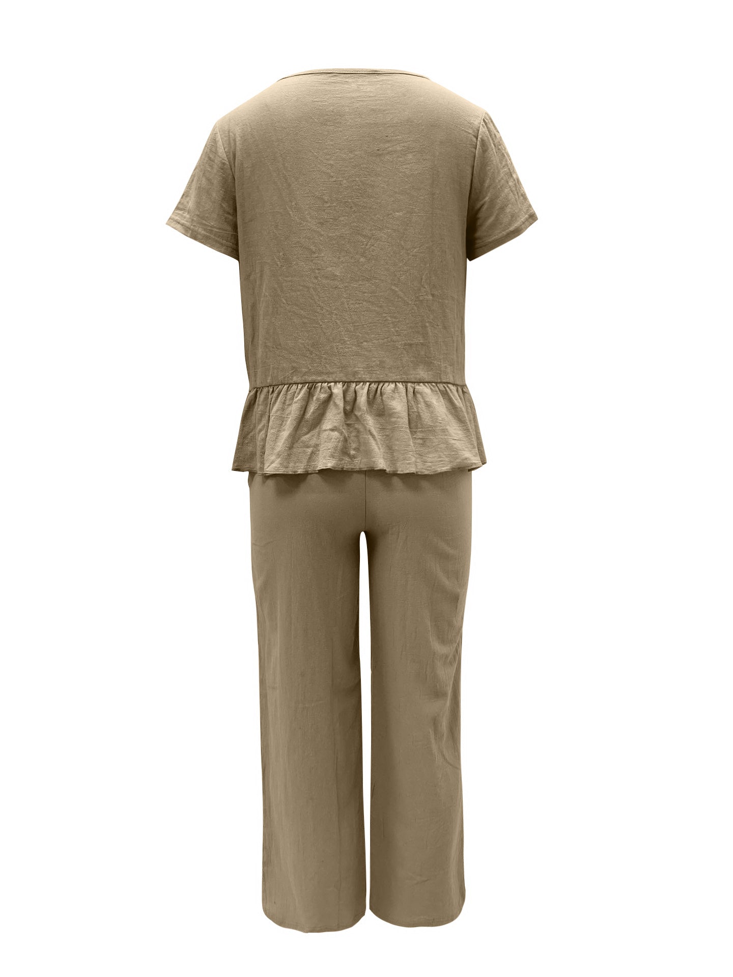 BELLA Trendsi peplum round neck short sleeve top and matching pants set, featuring a stylish, coordinated fashion look.