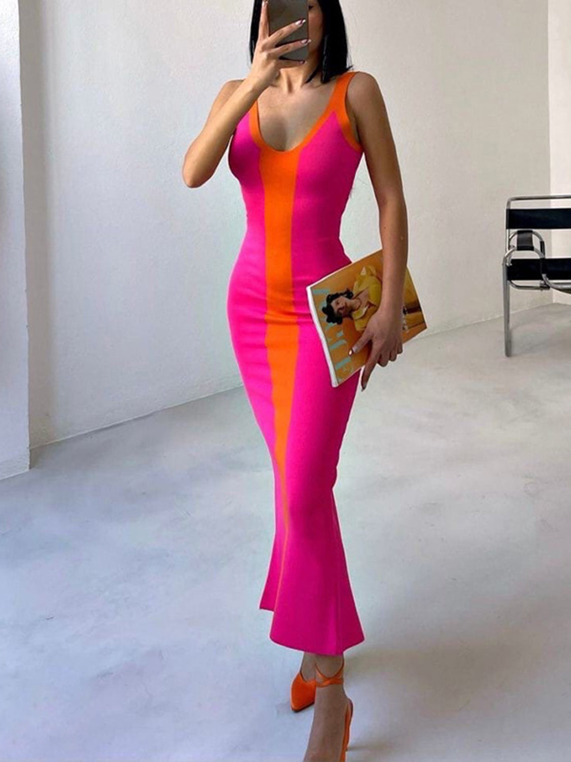BELLA BLA Contrast Wide Strap Slit Midi Dress from Trendsi, featuring a stylish slit and wide straps in a chic design.