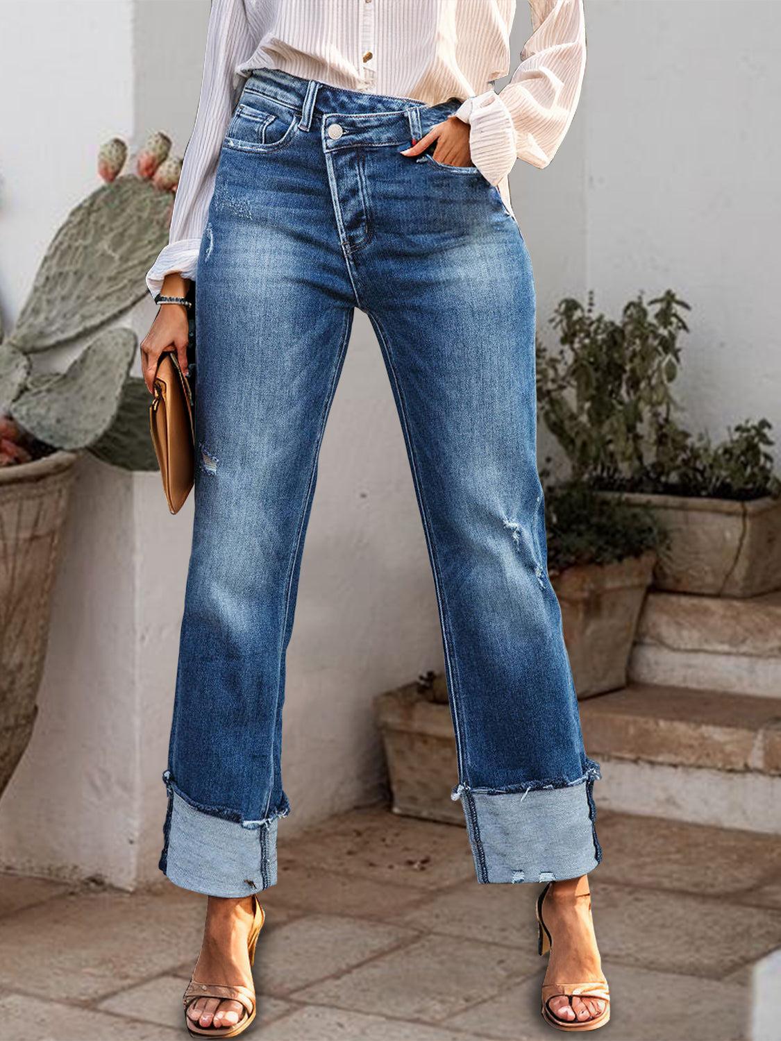 BELLA stepped waist raw hem rolled straight jeans from trendsi, showcasing a high-waisted fit with distressed hem detail.