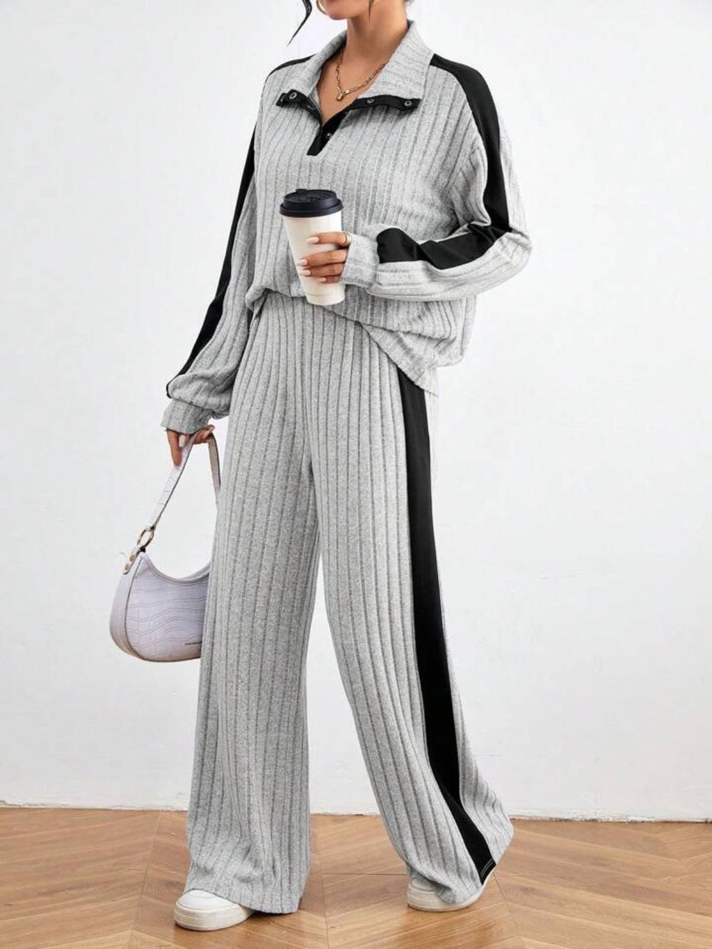 BELLA BLA contrast collared neck long sleeve top and pants set, featuring a stylish design with a matching collar and comfortable fit.