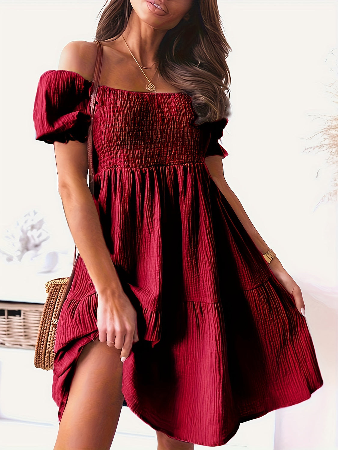 Bellá Trendsi full size ruffled off-shoulder short sleeve dress displayed on a hanger, featuring a feminine design with ruffles and short sleeves.