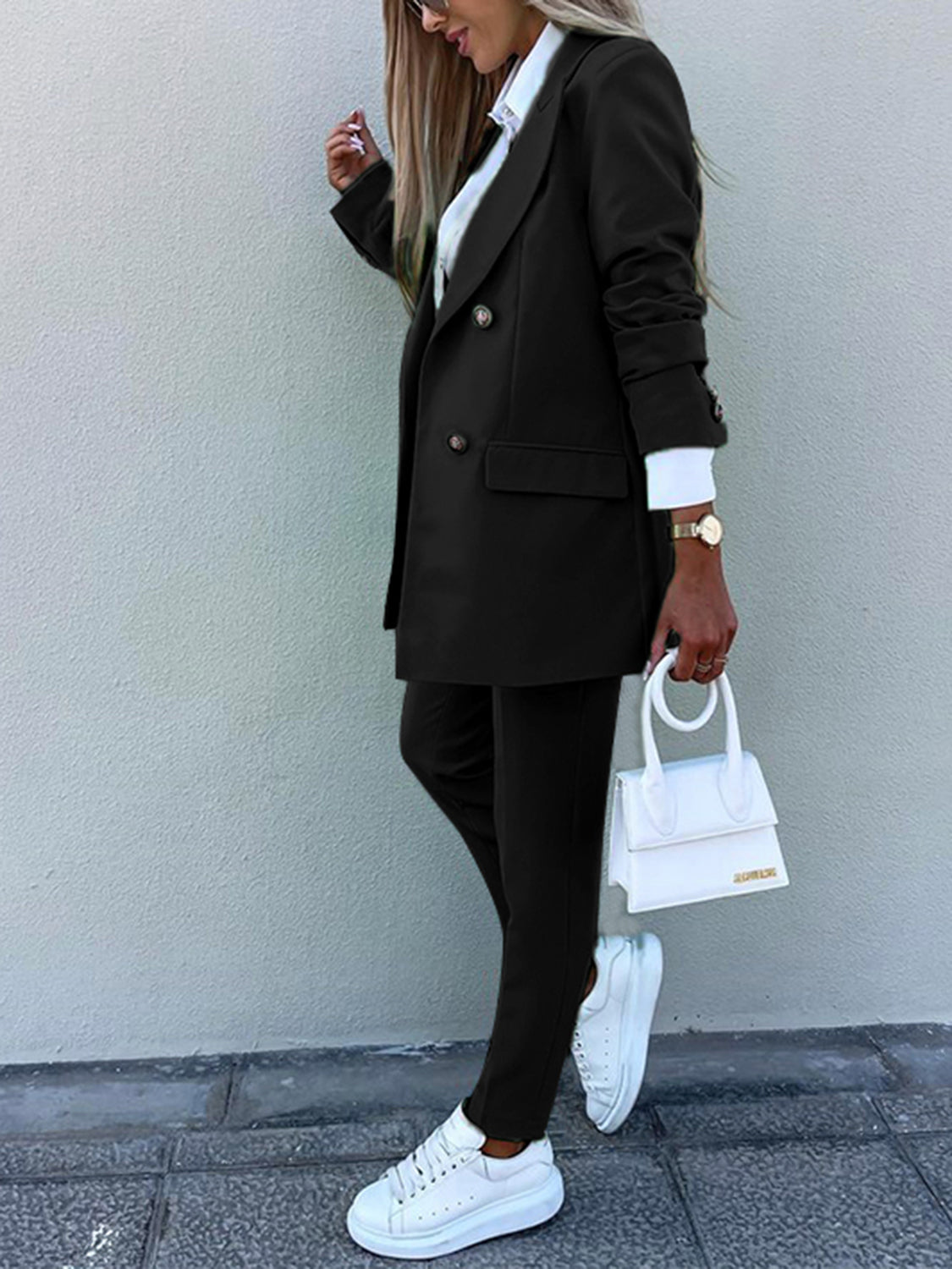BELLA trendsi lapel collar long sleeve blazer and matching pants set, stylish tailored suit for women, navy blue fabric.