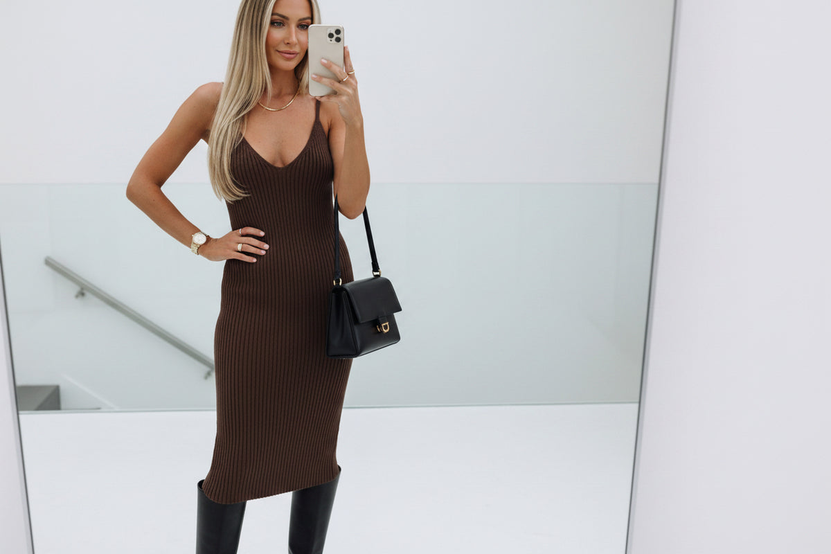 BELLA ribbed round neck top and matching cami dress sweater set in neutral tones, showcasing the textured ribbed fabric and cozy fit.
